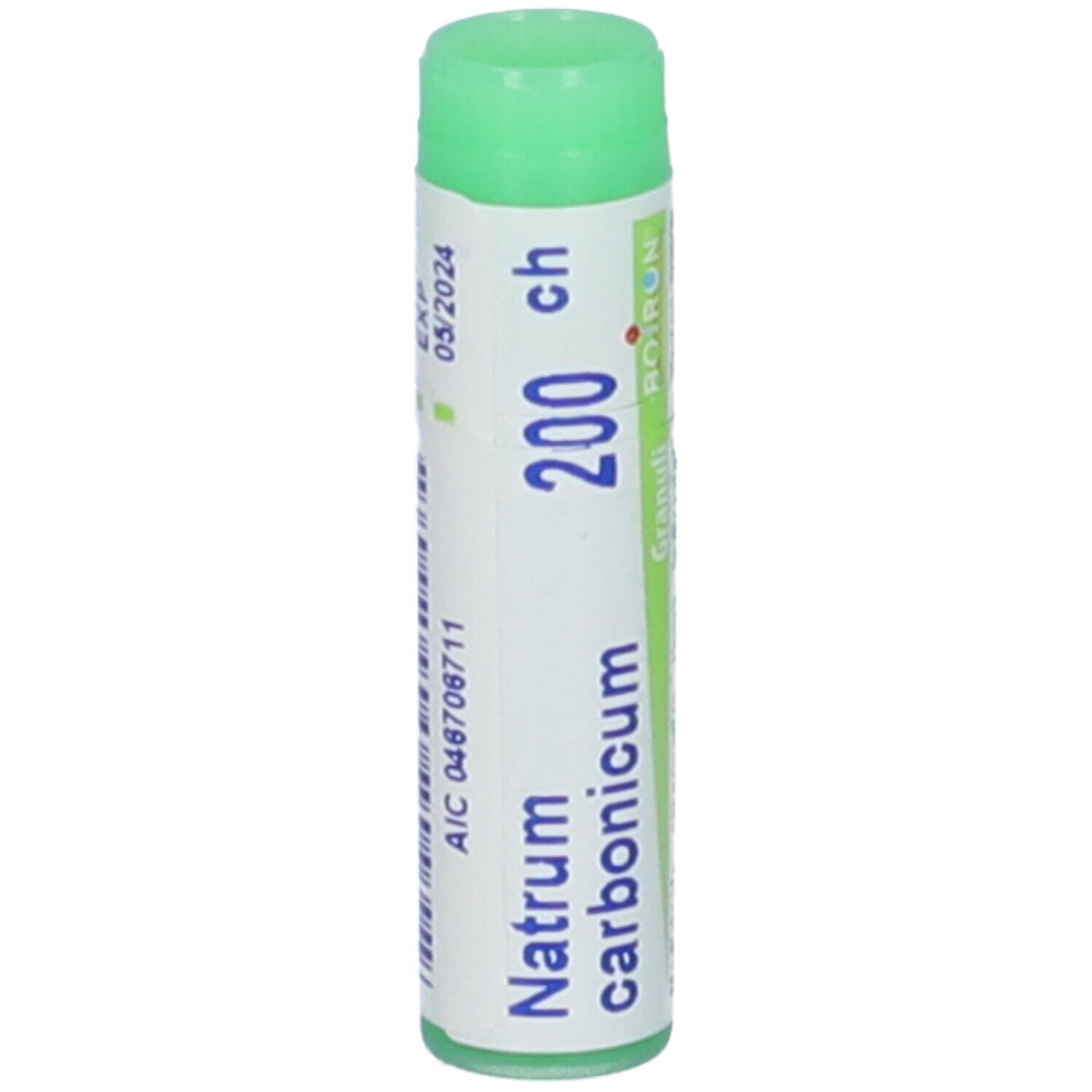 Confezione cilindrica con tappo verde. Scritta: Natrum carbonicum 200 ch, EXP 05/2024, AIC 048706711.