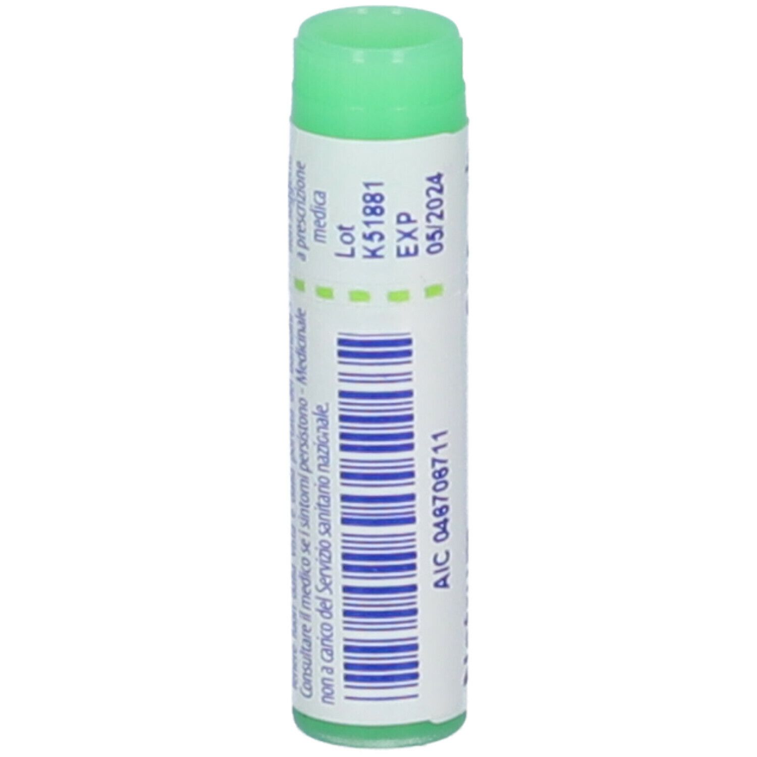 Confezione cilindrica con tappo verde. Retro con codice a barre e testo. Scritta: AIC 048706711, EXP 05/2024.
