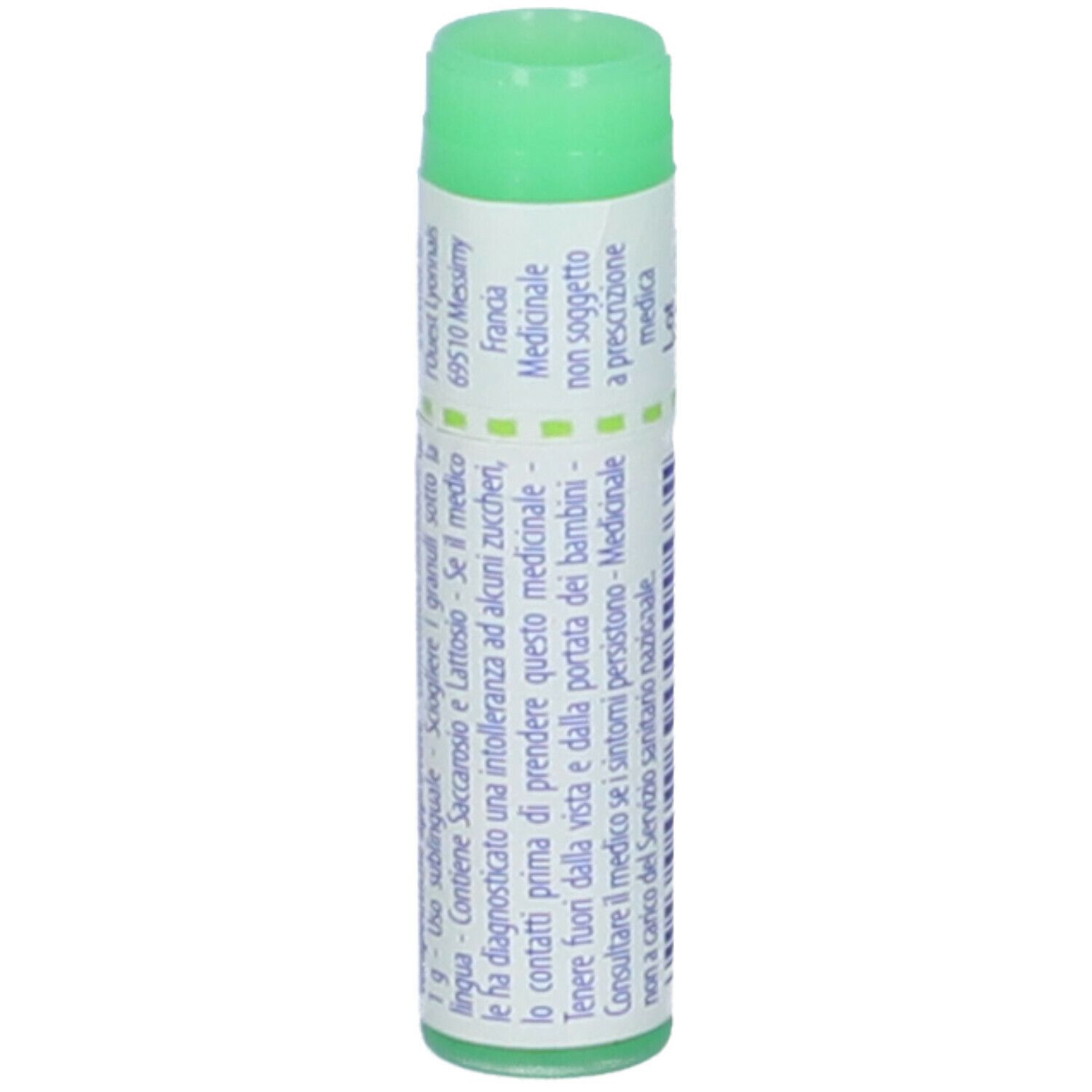 Confezione cilindrica con tappo verde. Scritta: Francia, Medicinale, non soggetto a prescrizione medica.