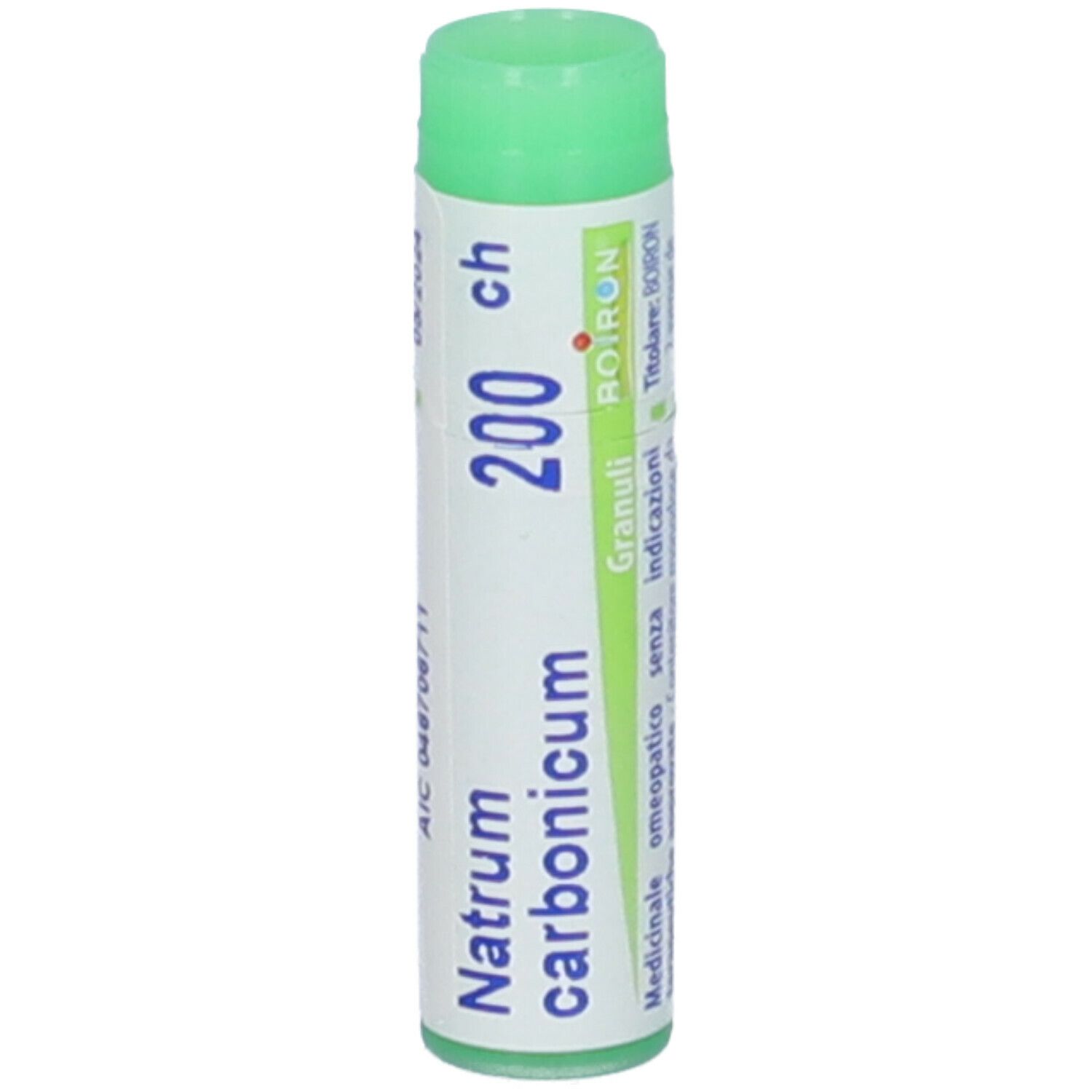 Confezione cilindrica con tappo verde. Scritta: Natrum carbonicum 200 ch, Granuli, BOIRON.