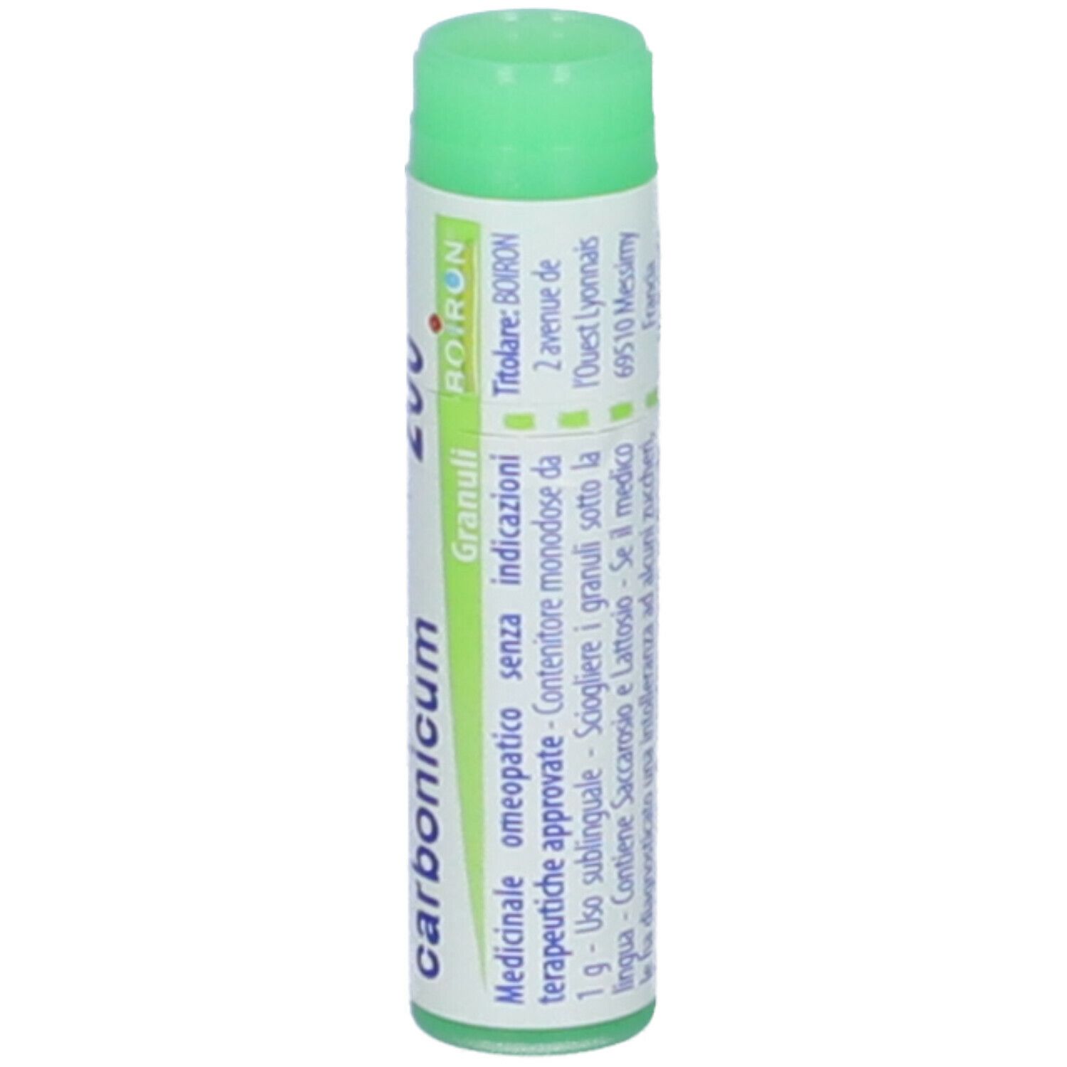 Confezione cilindrica con tappo verde. Scritta: Natrum carbonicum 200 ch, Granuli, BOIRON, Titolare: BOIRON.