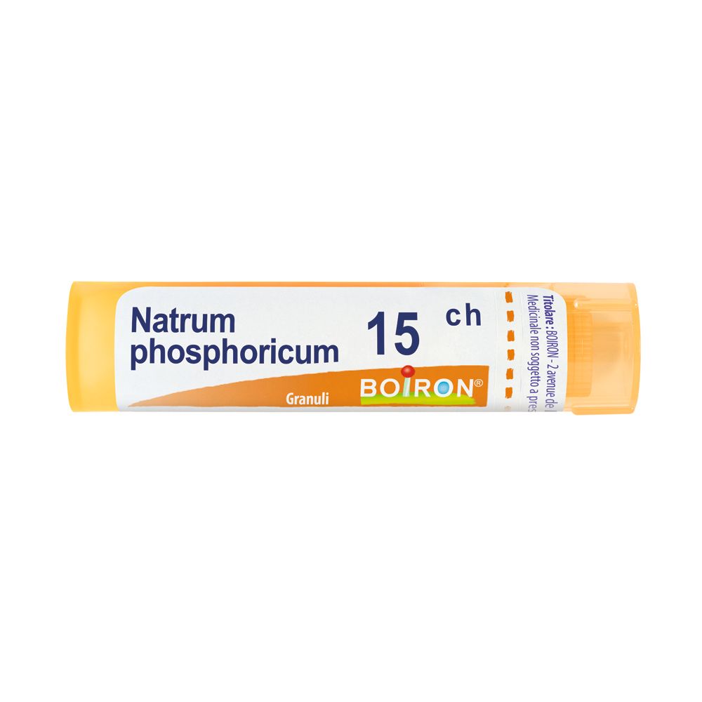 Confezione cilindrica con etichetta bianca. Scritta: Natrum phosphoricum 15 ch, BOIRON, Granuli. Tappo arancione.