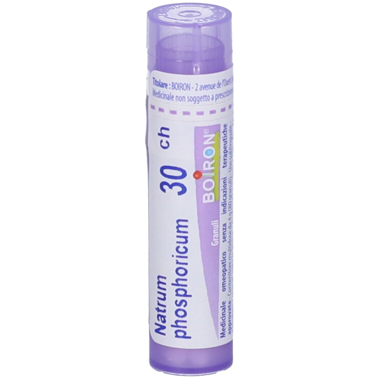 Confezione cilindrica viola. Nome del prodotto, dosaggio e marchio ben visibili.