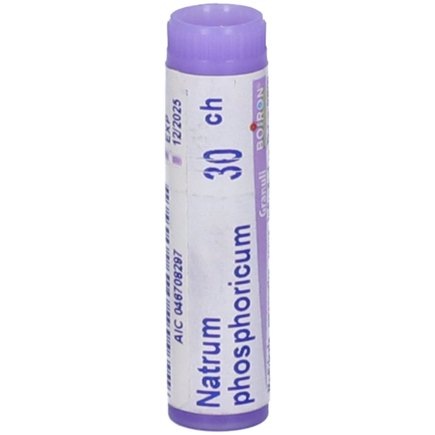 Confezione cilindrica BOIRON® Natrum phosphoricum 30 CH. Tappo viola. Stampa con data di scadenza e numero di lotto.