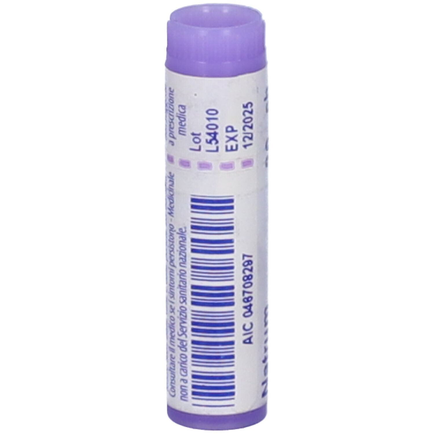Confezione cilindrica BOIRON® Natrum phosphoricum 30 CH. Tappo viola. Stampa con informazioni e codice a barre.
