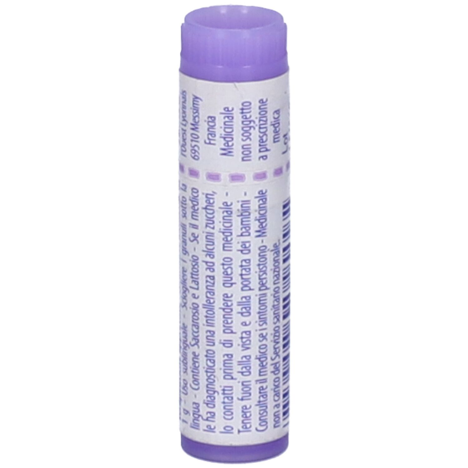 Confezione cilindrica BOIRON® Natrum phosphoricum 30 CH. Tappo viola. Stampa con informazioni e codice a barre.