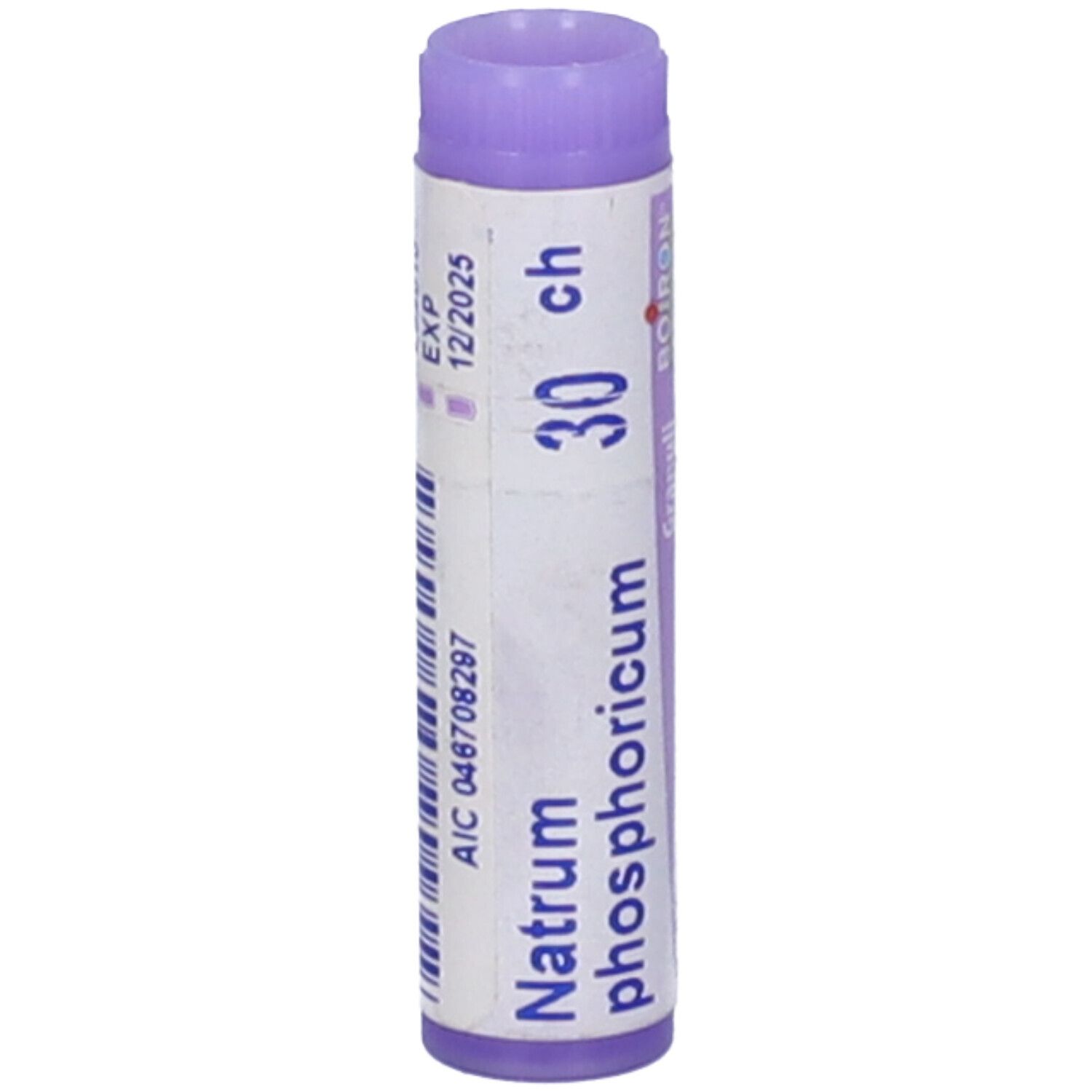 Confezione cilindrica BOIRON® Natrum phosphoricum 30 CH. Tappo viola. Stampa con informazioni e codice a barre.