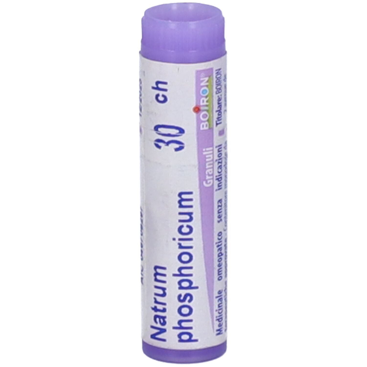 Confezione cilindrica BOIRON® Natrum phosphoricum 30 CH. Tappo viola. Stampa con informazioni e codice a barre.