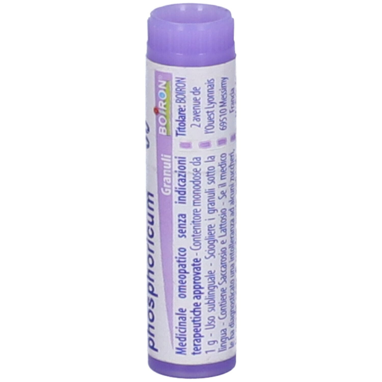 Confezione cilindrica BOIRON® Natrum phosphoricum 30 CH. Tappo viola. Stampa con informazioni e codice a barre.