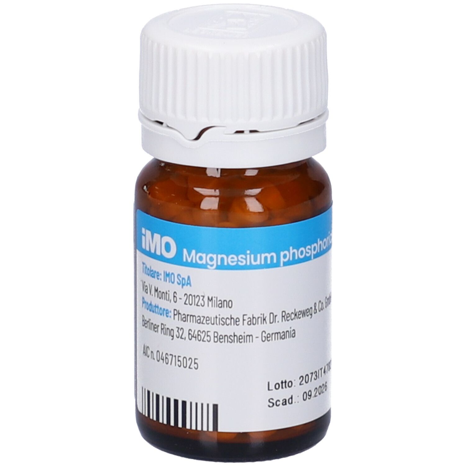 Flacone di vetro marrone con tappo bianco. Etichetta con informazioni sul prodotto. IMO Magnesium phosphoricum 12DH.