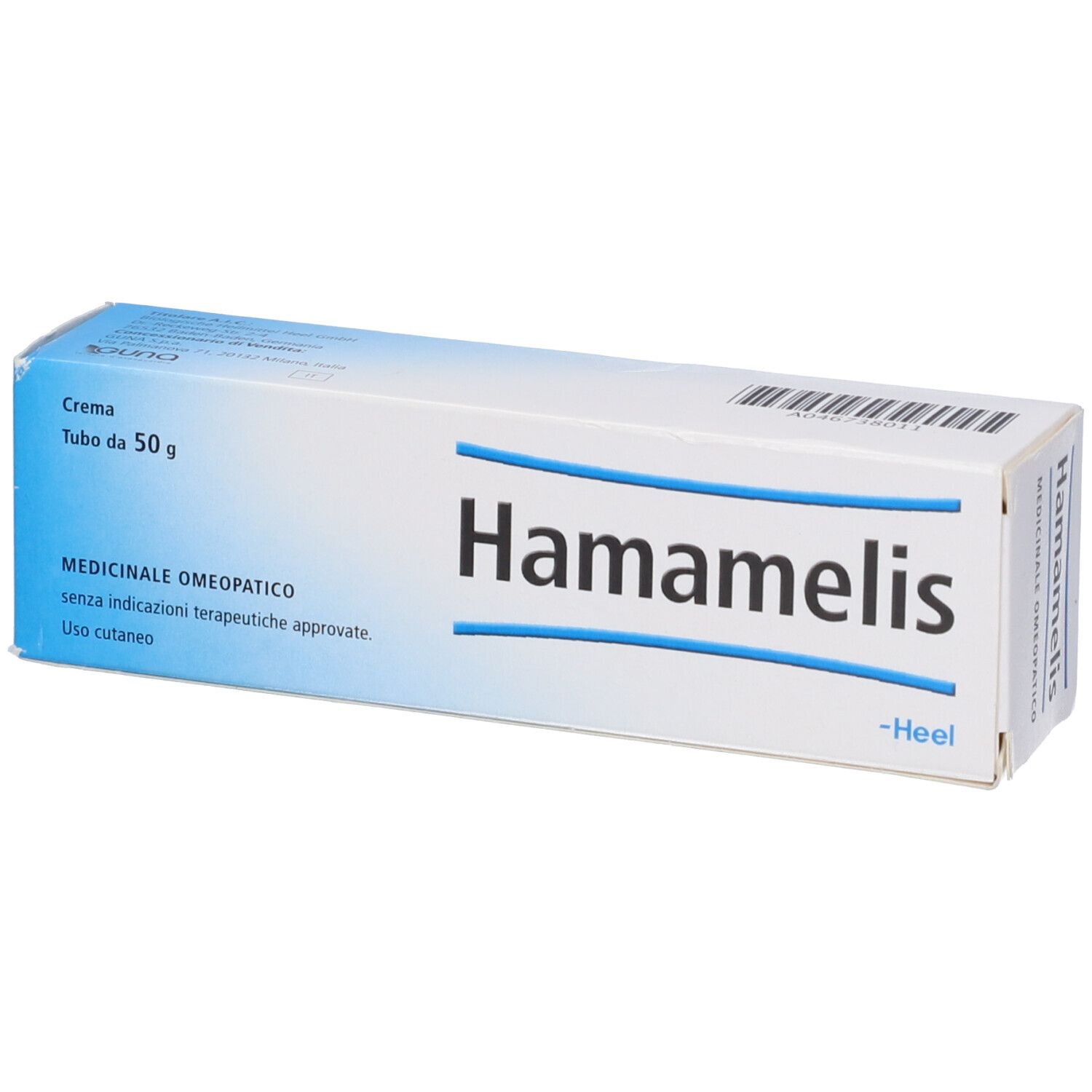 Scatola di crema Hamamelis. Confezione blu e bianca. Testo: Hamamelis, Heel, 50 g.