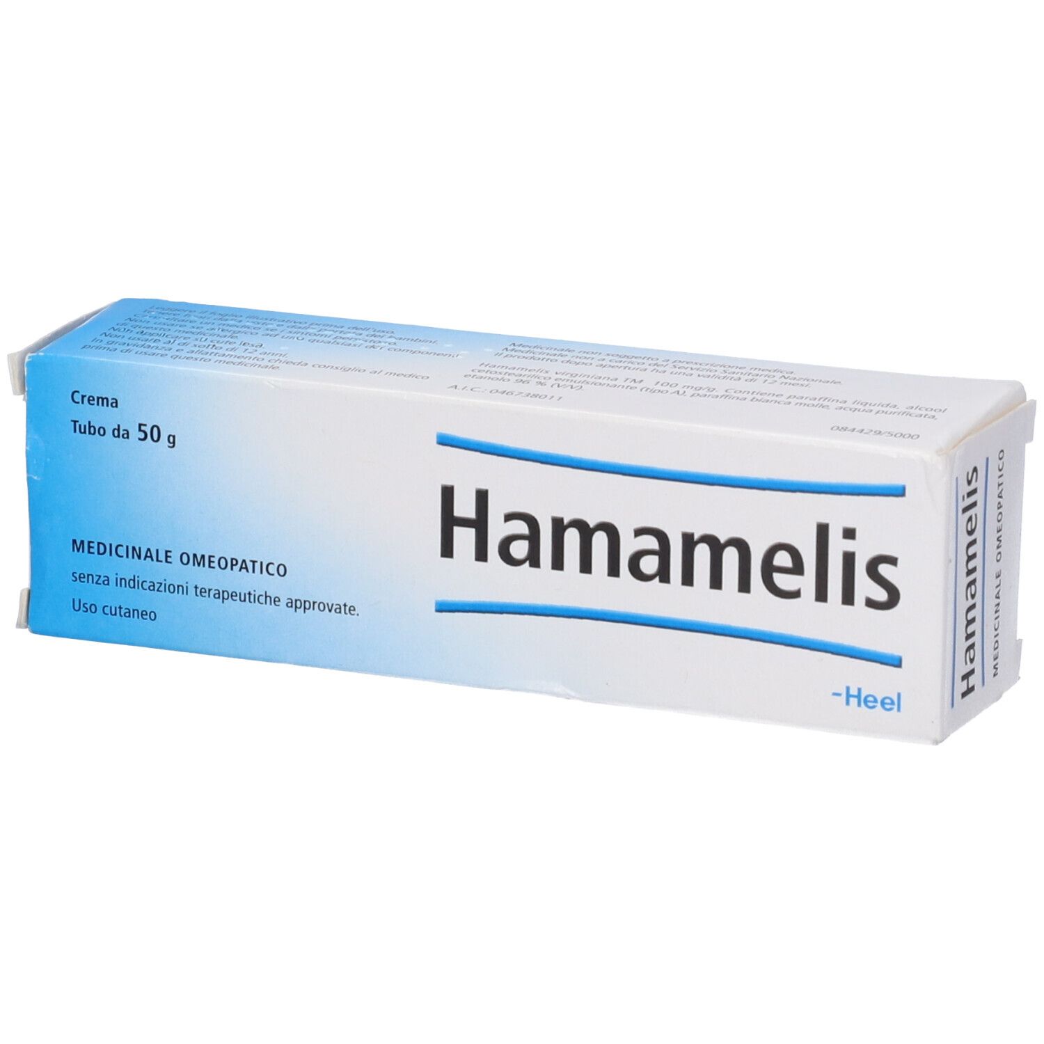 Scatola di crema Hamamelis. Confezione blu e bianca. Testo: Hamamelis, Heel, 50 g.