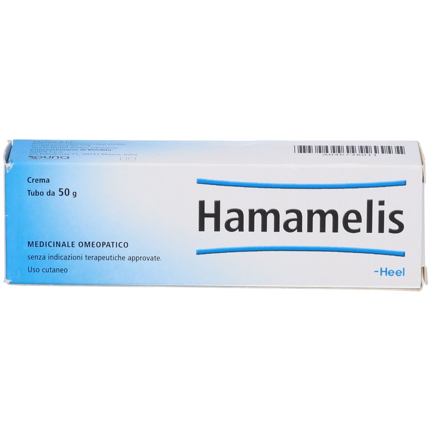 Scatola di crema Hamamelis. Confezione blu e bianca. Testo: Hamamelis, Heel, 50 g.