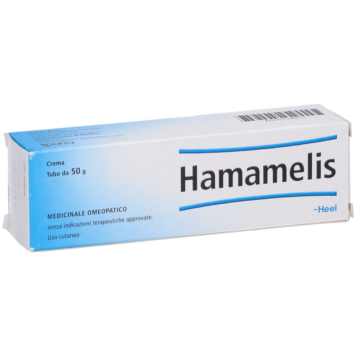 Scatola di crema Hamamelis. Confezione blu e bianca. Testo: Hamamelis, Heel, 50 g.