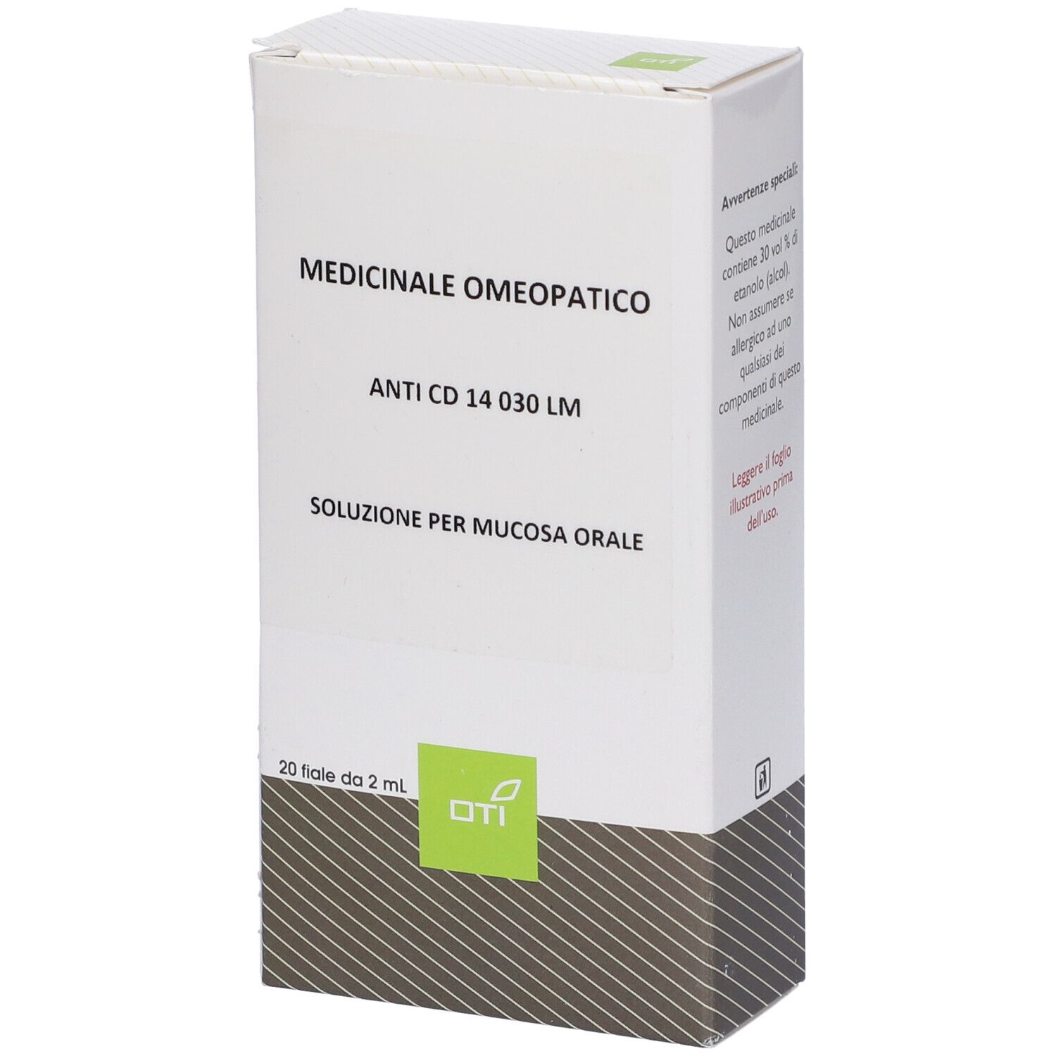 Scatola bianca con testo: Medicinale Omeopatico, Anti CD 14 030 LM, Soluzione per mucosa orale. 20 fiale da 2 ml.