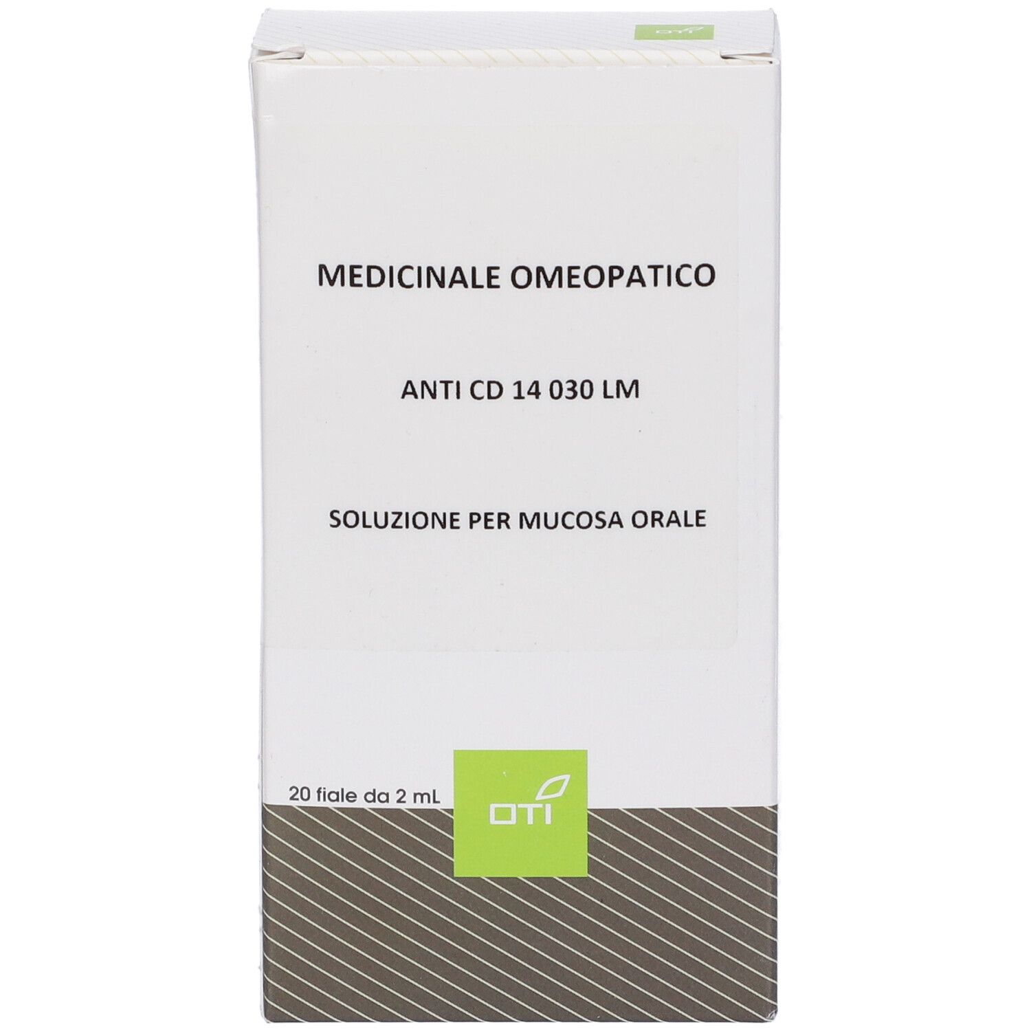 Scatola bianca con testo: Medicinale Omeopatico, Anti CD 14 030 LM, Soluzione per mucosa orale. 20 fiale da 2 ml.