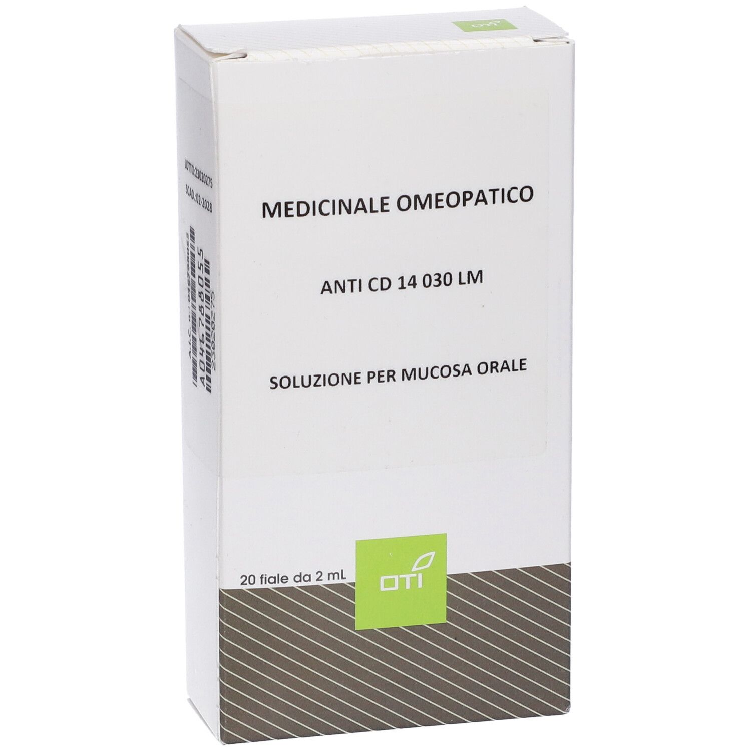 Scatola bianca con testo: Medicinale Omeopatico, Anti CD 14 030 LM, Soluzione per mucosa orale. 20 fiale da 2 ml.