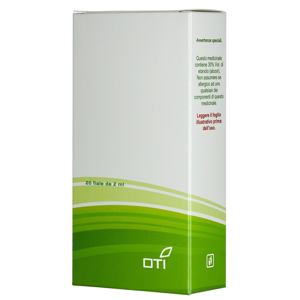 Scatola bianca con dettagli verdi. Logo OTI in basso. Scritto: 20 fiale da 2 ml. Avvertenze in italiano.