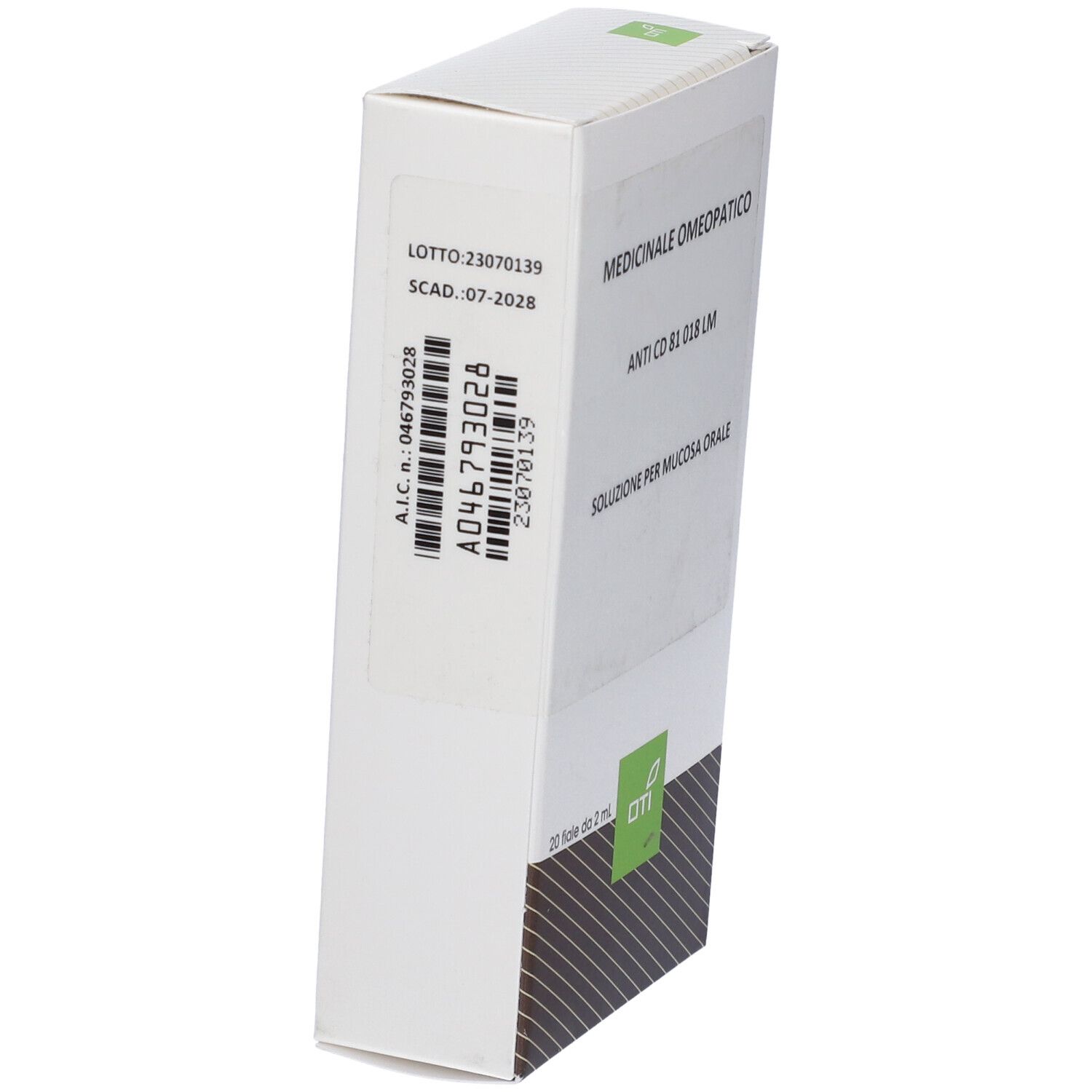 Vista laterale della scatola bianca. Testo: Medicinale Omeopatico, Anti CD 81 018 LM, Soluzione per mucosa orale. A.I.C. n.: 046793028, scad. 07-2028.