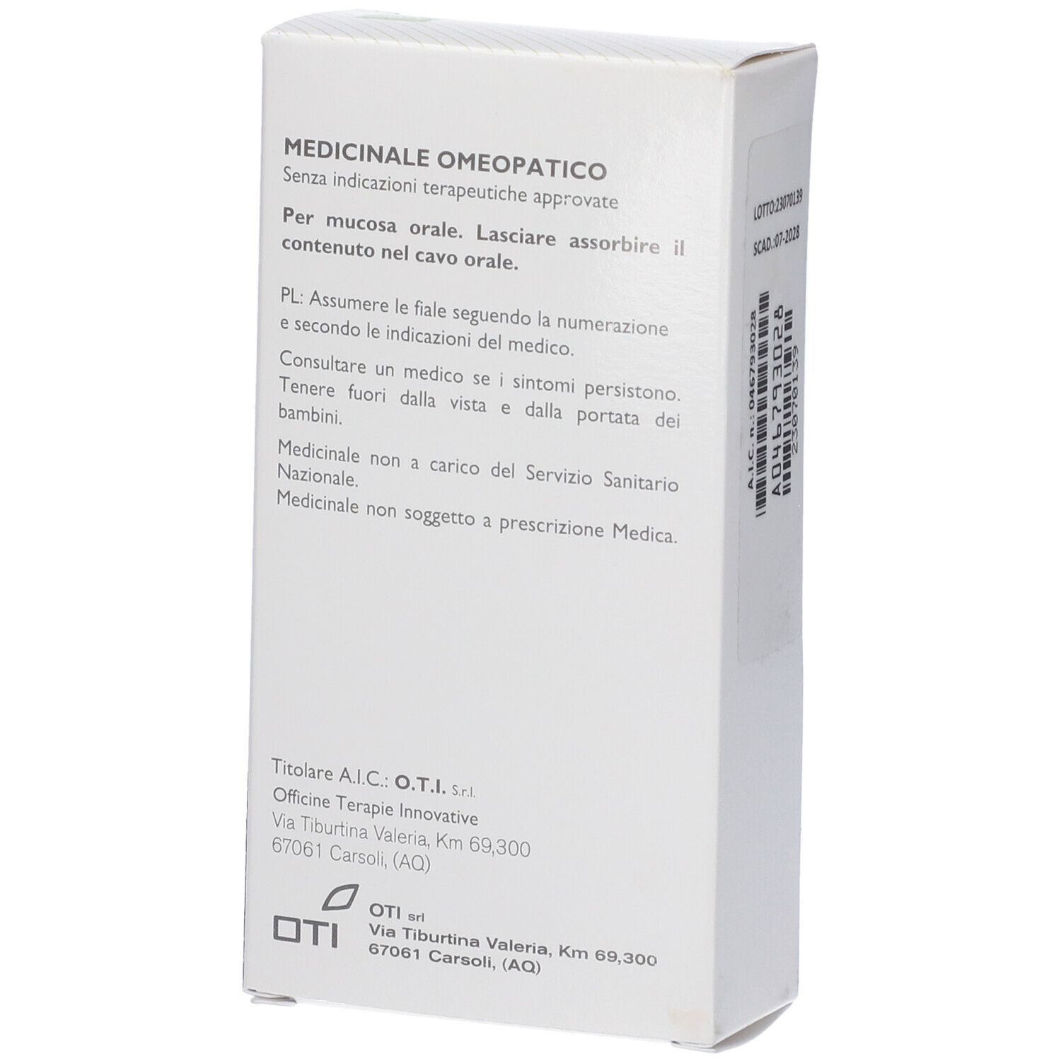 Retro della scatola bianca. Testo: Medicinale Omeopatico. Istruzioni per l'uso. Indirizzo del produttore: O.T.I. S.r.l.