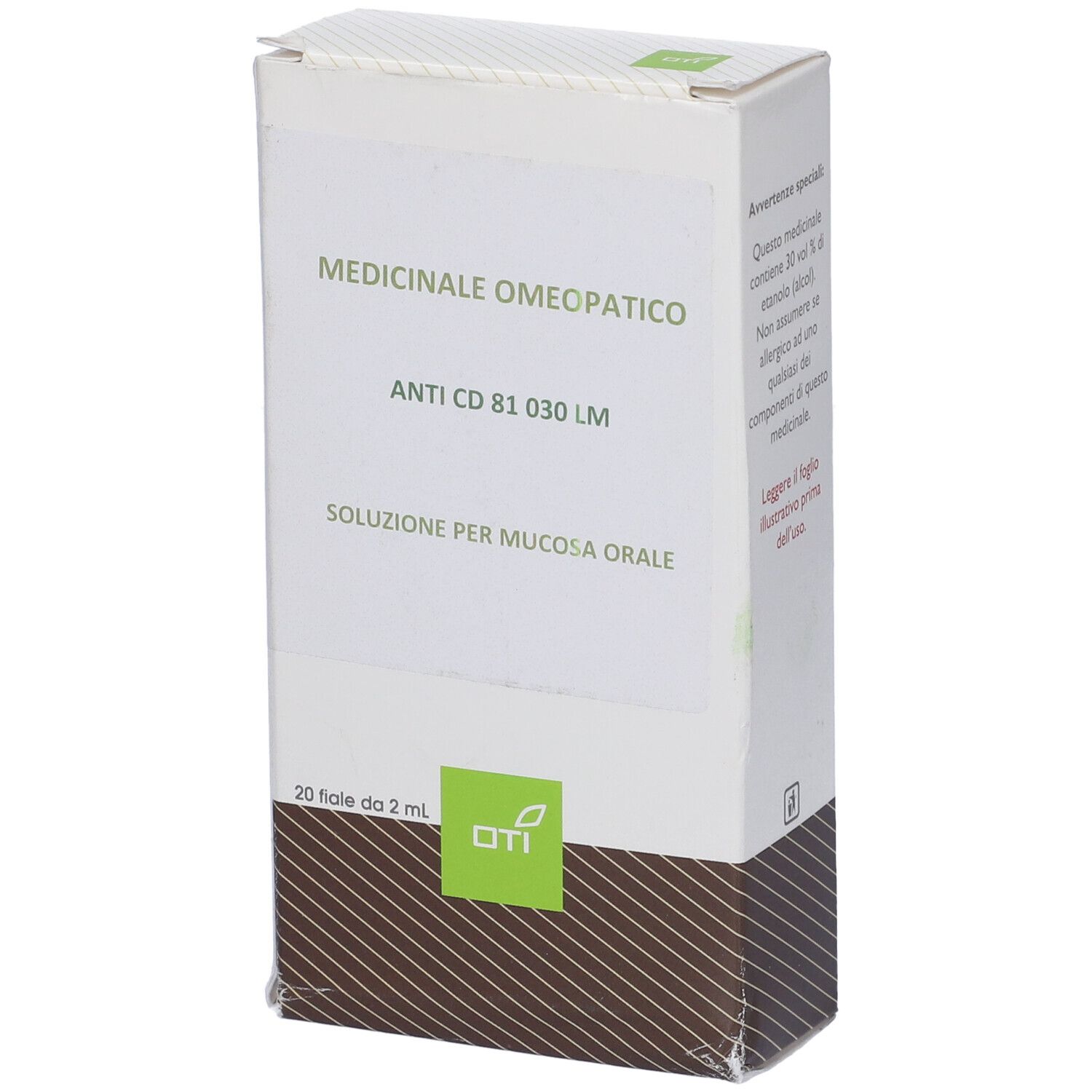 Scatola con testo: Medicinale Omeopatico, Anti CD 81 030 LM, Soluzione per mucosa orale. 20 Fiale 2 ml. Logo OTI.