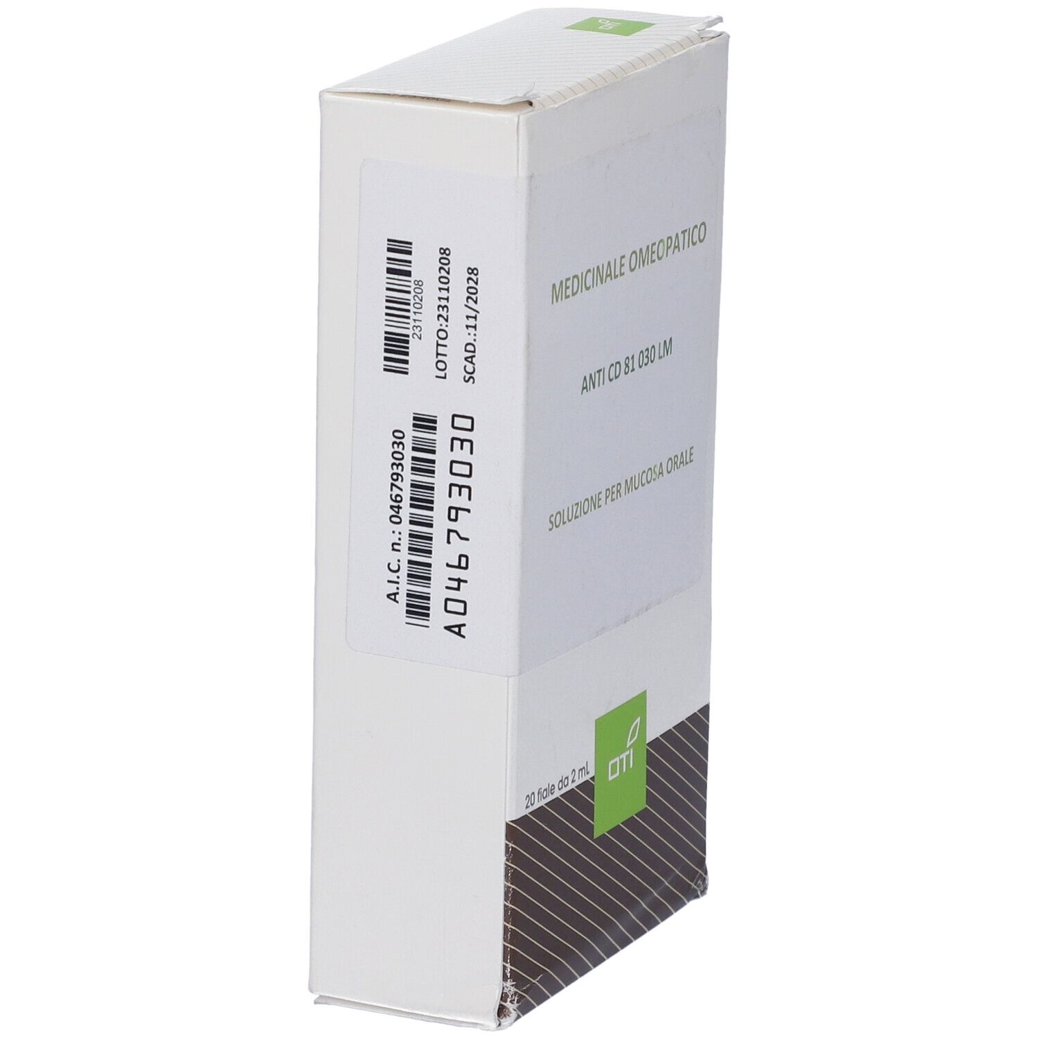 Lato scatola con testo: Medicinale Omeopatico, Anti CD 81 030 LM, Soluzione per mucosa orale. Numero AIC, codice a barre, scadenza.