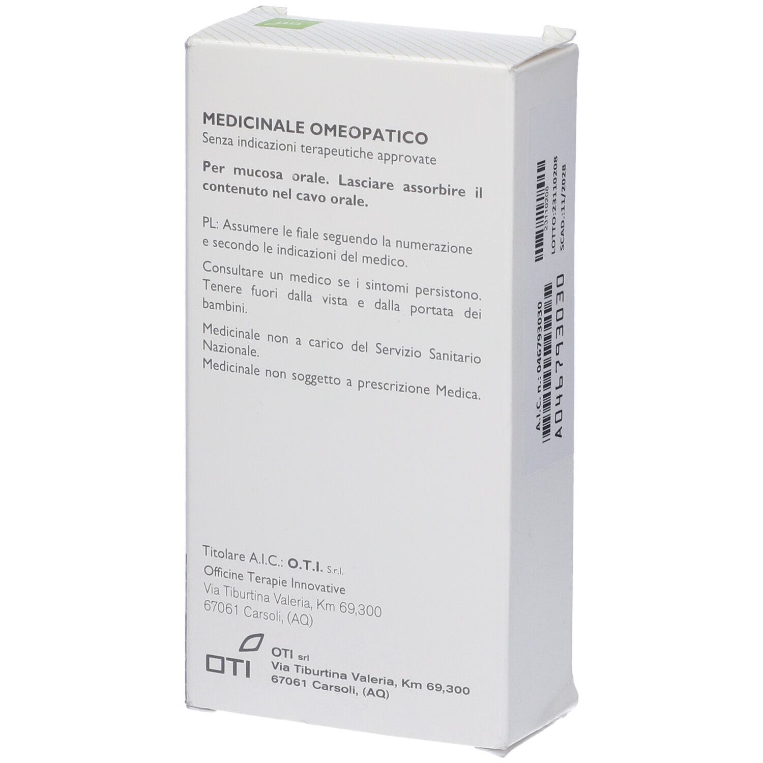 Retro scatola con testo: Medicinale Omeopatico. Istruzioni per l'uso. Indirizzo produttore e logo OTI.