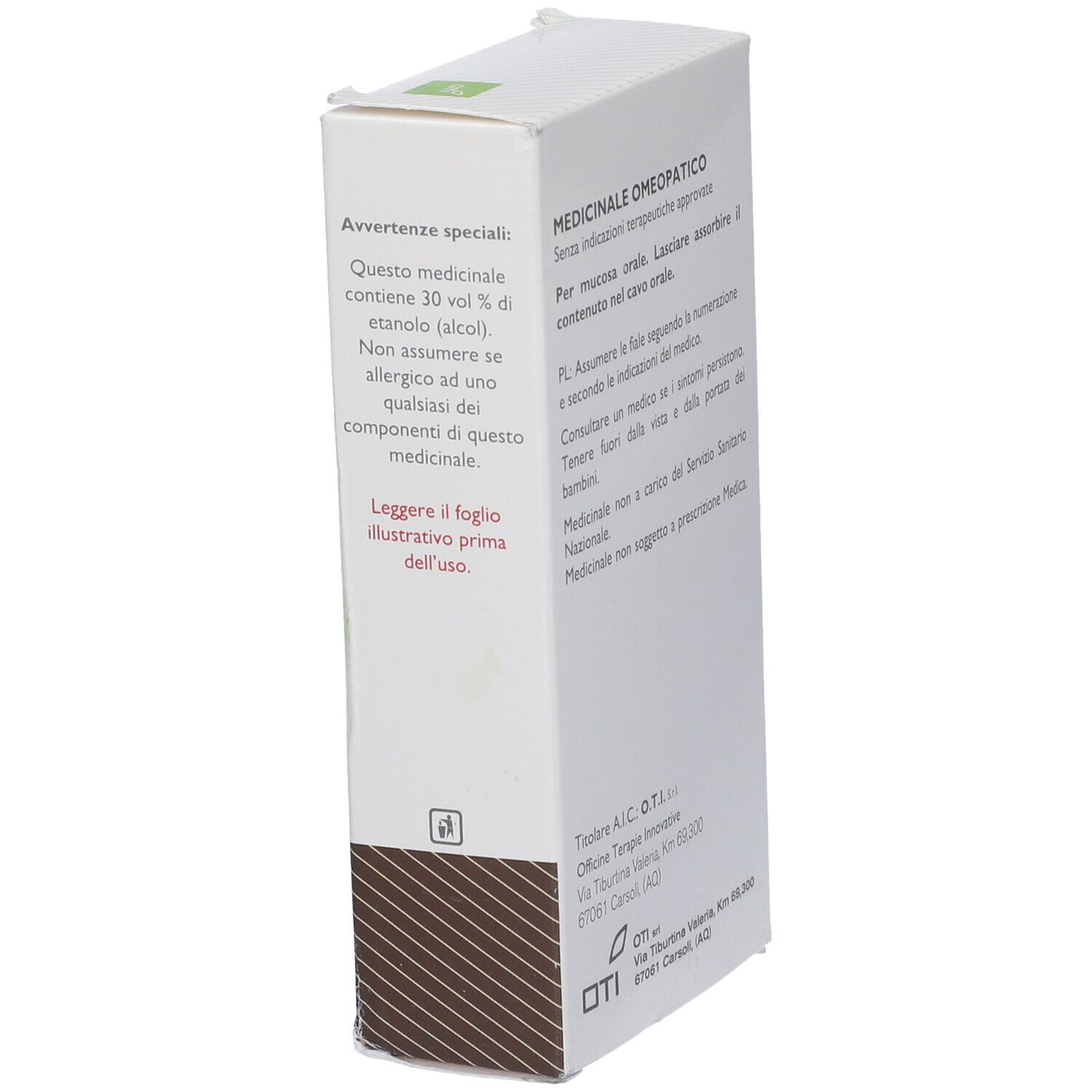 Lato scatola con testo: Medicinale Omeopatico. Contiene 30% etanolo. Avvertenze. Indirizzo produttore e logo OTI.