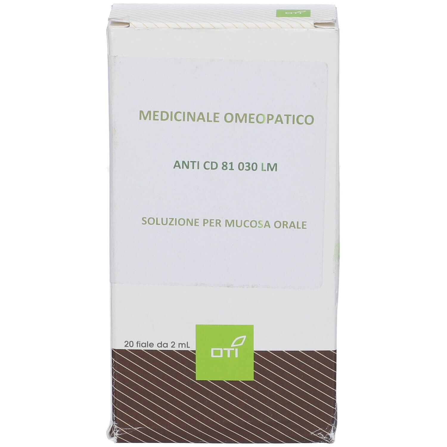 Scatola con testo: Medicinale Omeopatico, Anti CD 81 030 LM, Soluzione per mucosa orale. 20 Fiale 2 ml. Logo OTI.