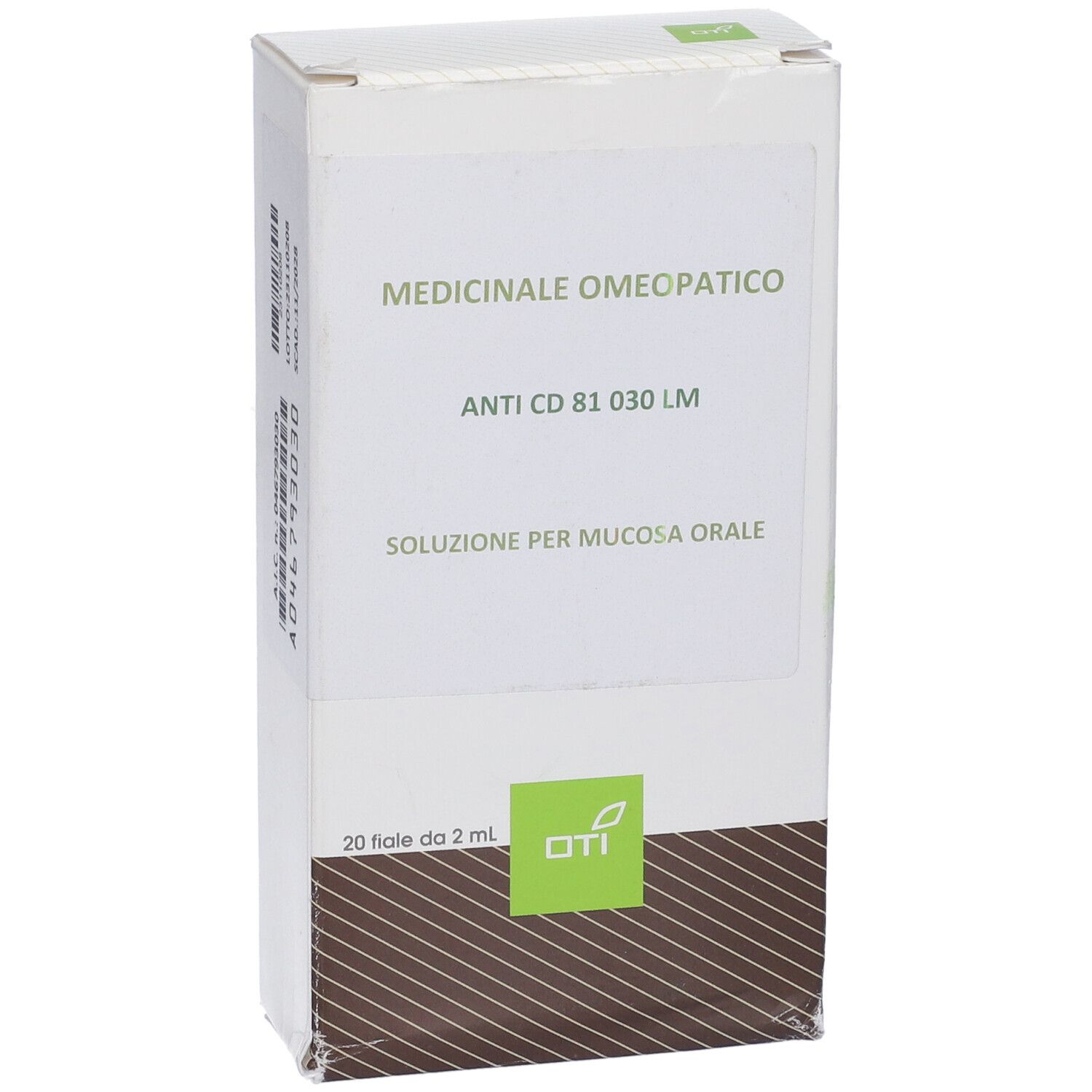 Scatola con testo: Medicinale Omeopatico, Anti CD 81 030 LM, Soluzione per mucosa orale. 20 Fiale 2 ml. Logo OTI.
