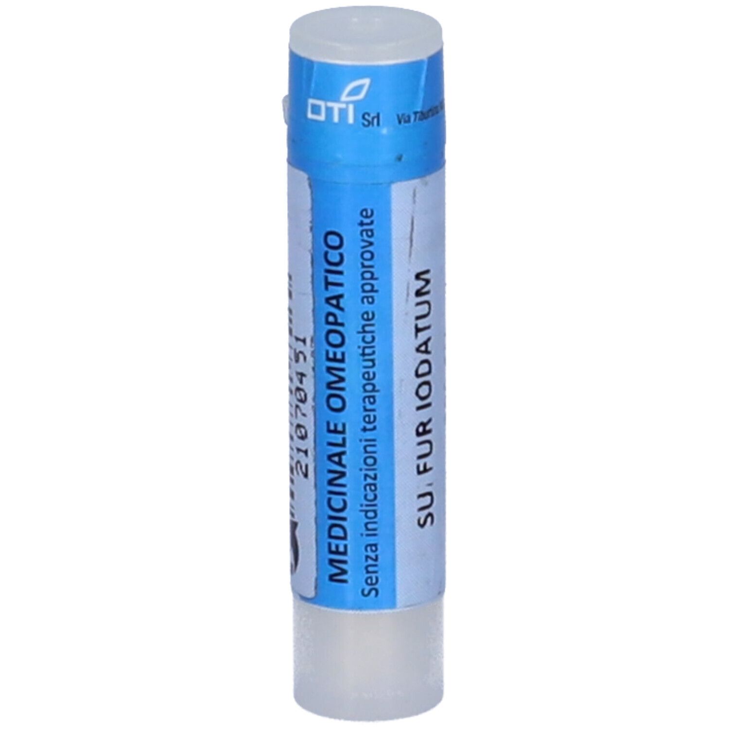 Confezione cilindrica con tappo blu ed etichetta. Testo: Medicinale Omeopatico, Sulfur Iodatum. Numero di lotto.