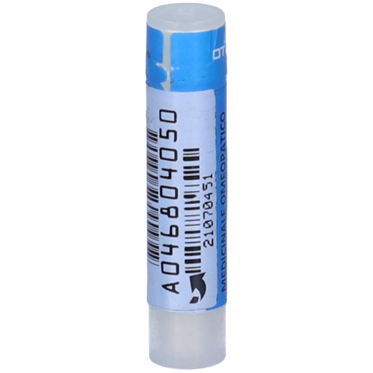 Confezione cilindrica con tappo blu ed etichetta. Codice a barre e testo: Medicinale Omeopatico. Numero di lotto.