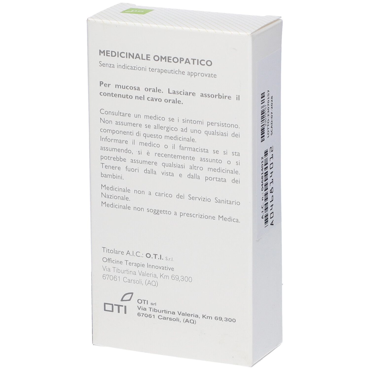 Confezione con testo in italiano. Logo OTI. Sfondo bianco.
