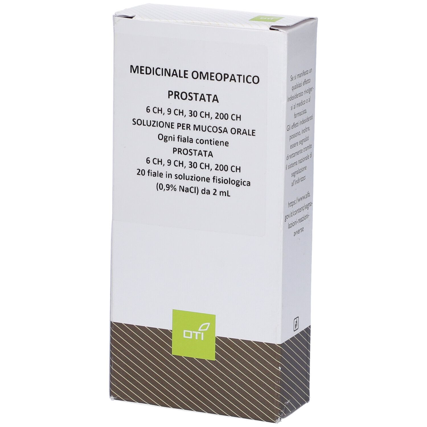 Scatola con informazioni prodotto. Logo OTI. Testo: Prostata 6Ch, 9Ch, 30Ch, 200Ch. 20 fiale.