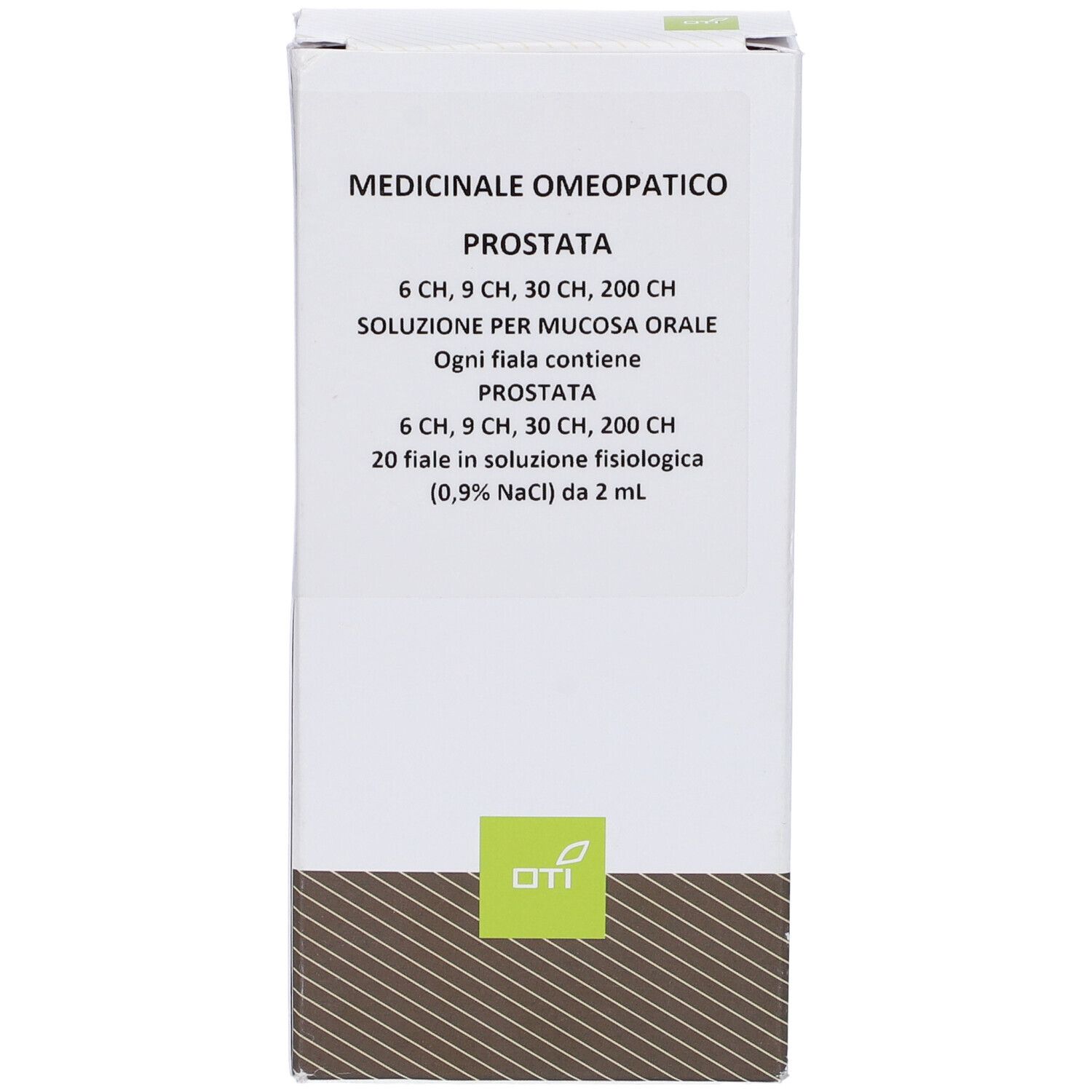 Scatola con informazioni prodotto. Logo OTI. Testo: Prostata 6Ch, 9Ch, 30Ch, 200Ch. 20 fiale.