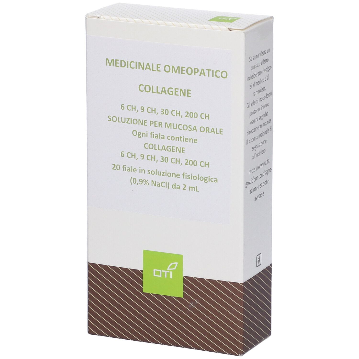 Scatola con testo: "Medicinale Omeopatico Collagene". Contiene 20 fiale.