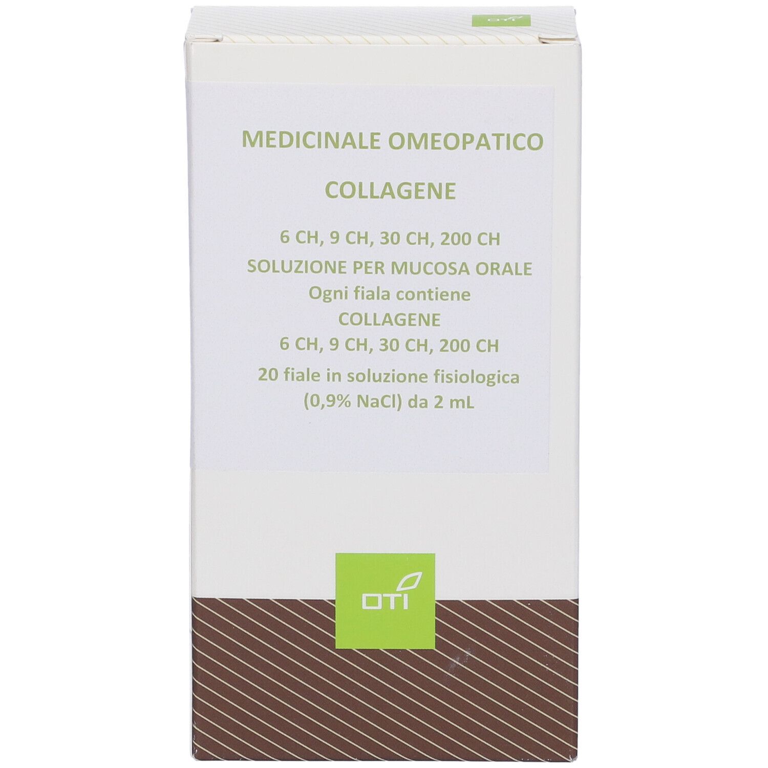 Scatola con testo: "Medicinale Omeopatico Collagene". Contiene 20 fiale.