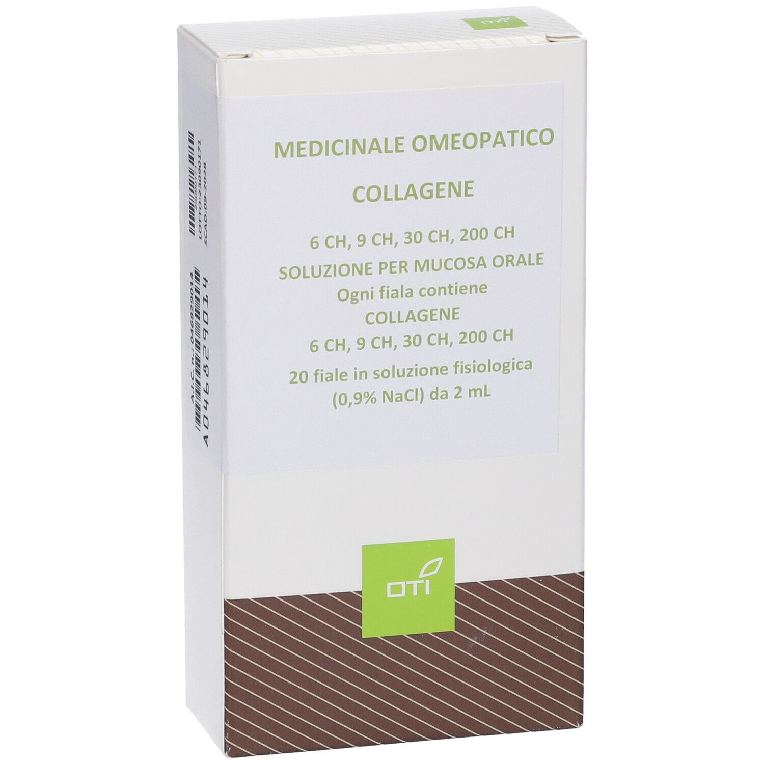 Scatola con testo: "Medicinale Omeopatico Collagene". Contiene 20 fiale.