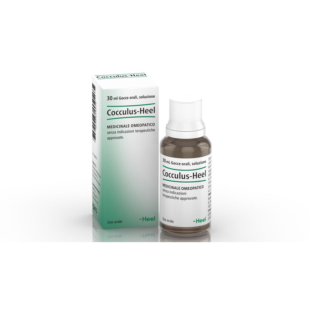 Flacone e scatola in vetro marrone. Scritta: Cocculus-Heel, 30 ml, Medicinale.