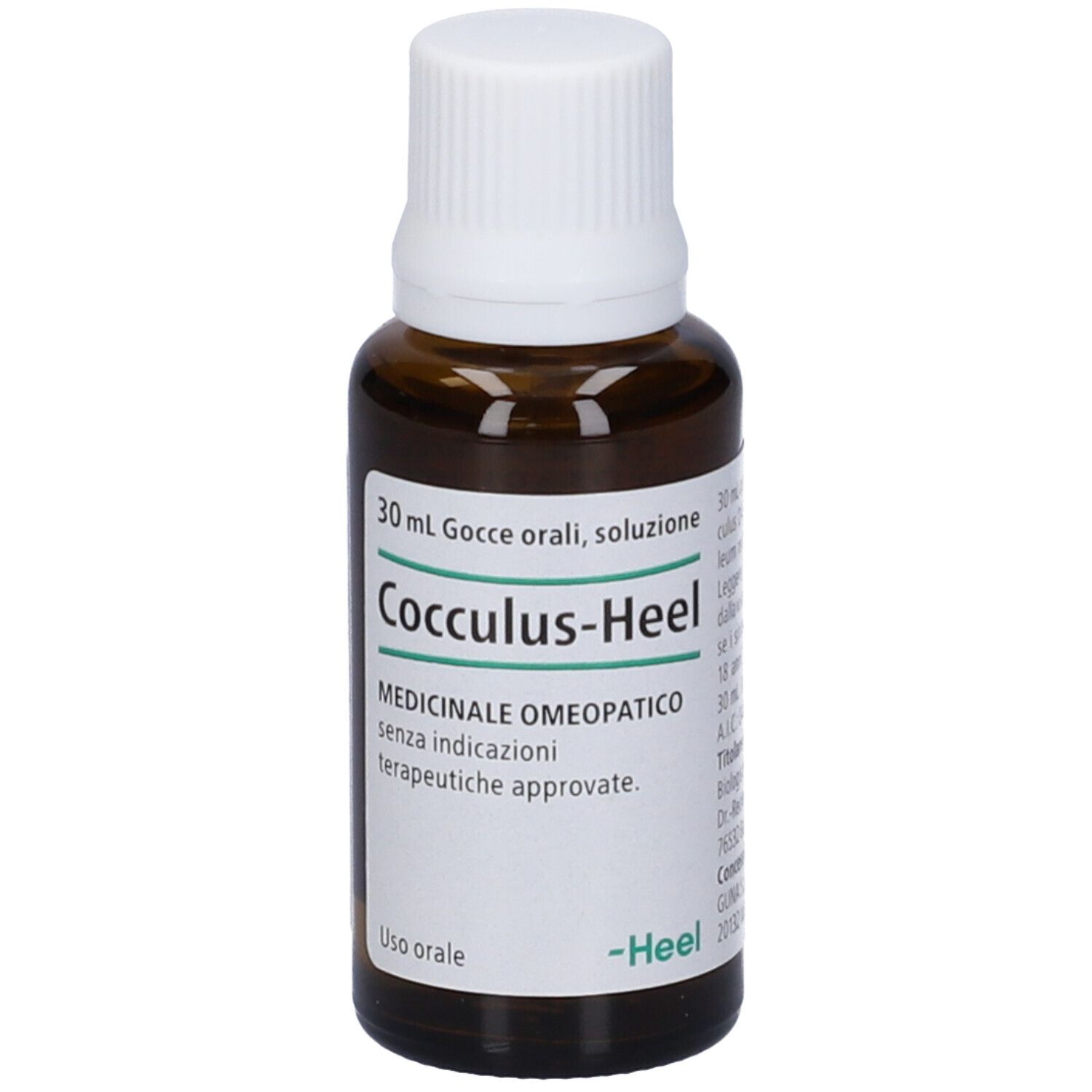 Flacone in vetro marrone con tappo bianco. Scritta: Cocculus-Heel, 30 ml.