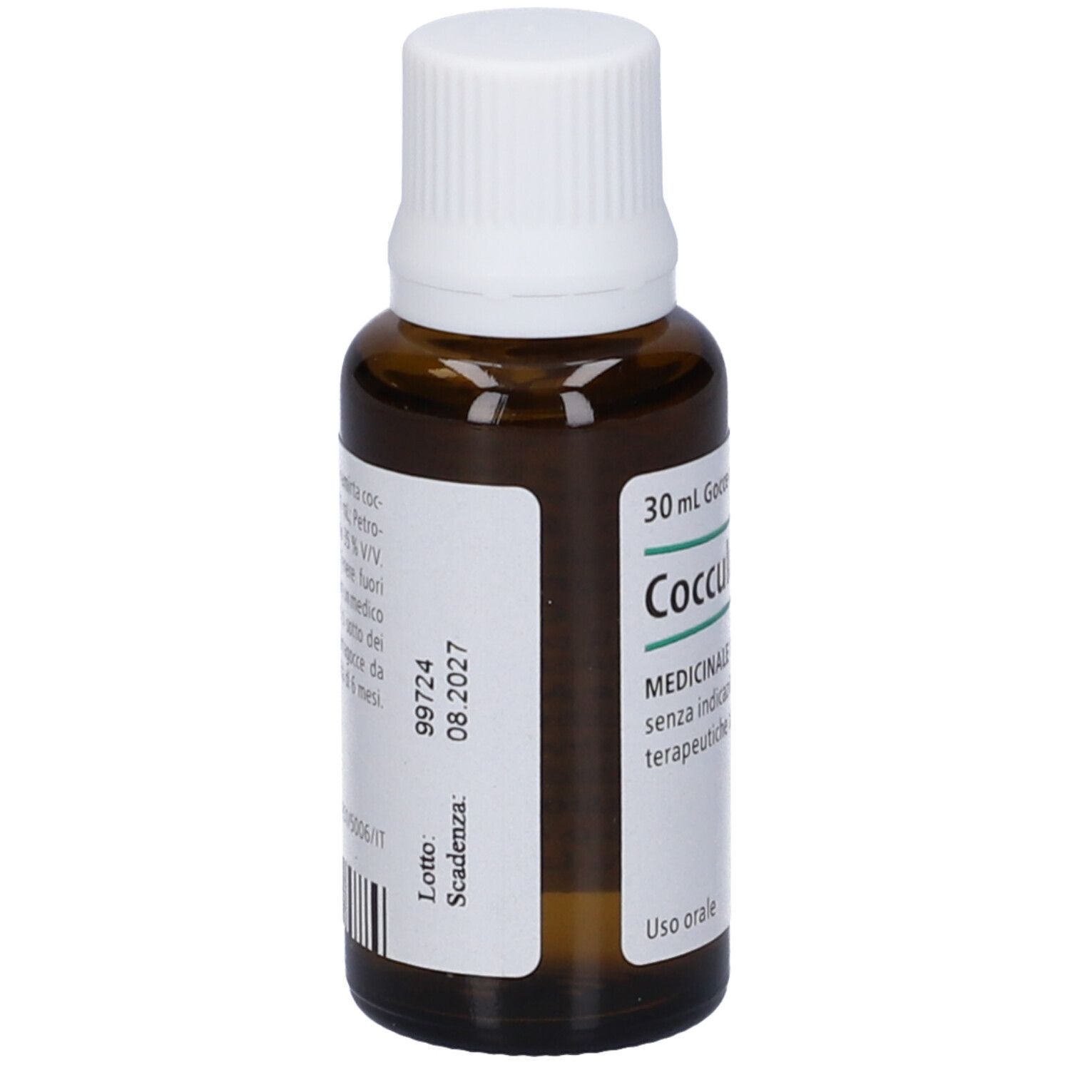 Flacone in vetro marrone con tappo bianco. Scritta: Cocculus-Heel, 30 ml.