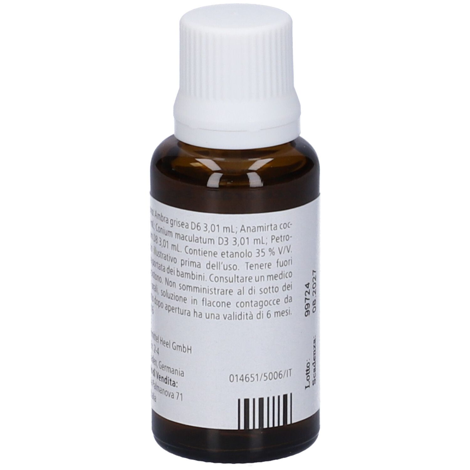 Flacone in vetro marrone con tappo bianco. Scritta: Cocculus-Heel, 30 ml.