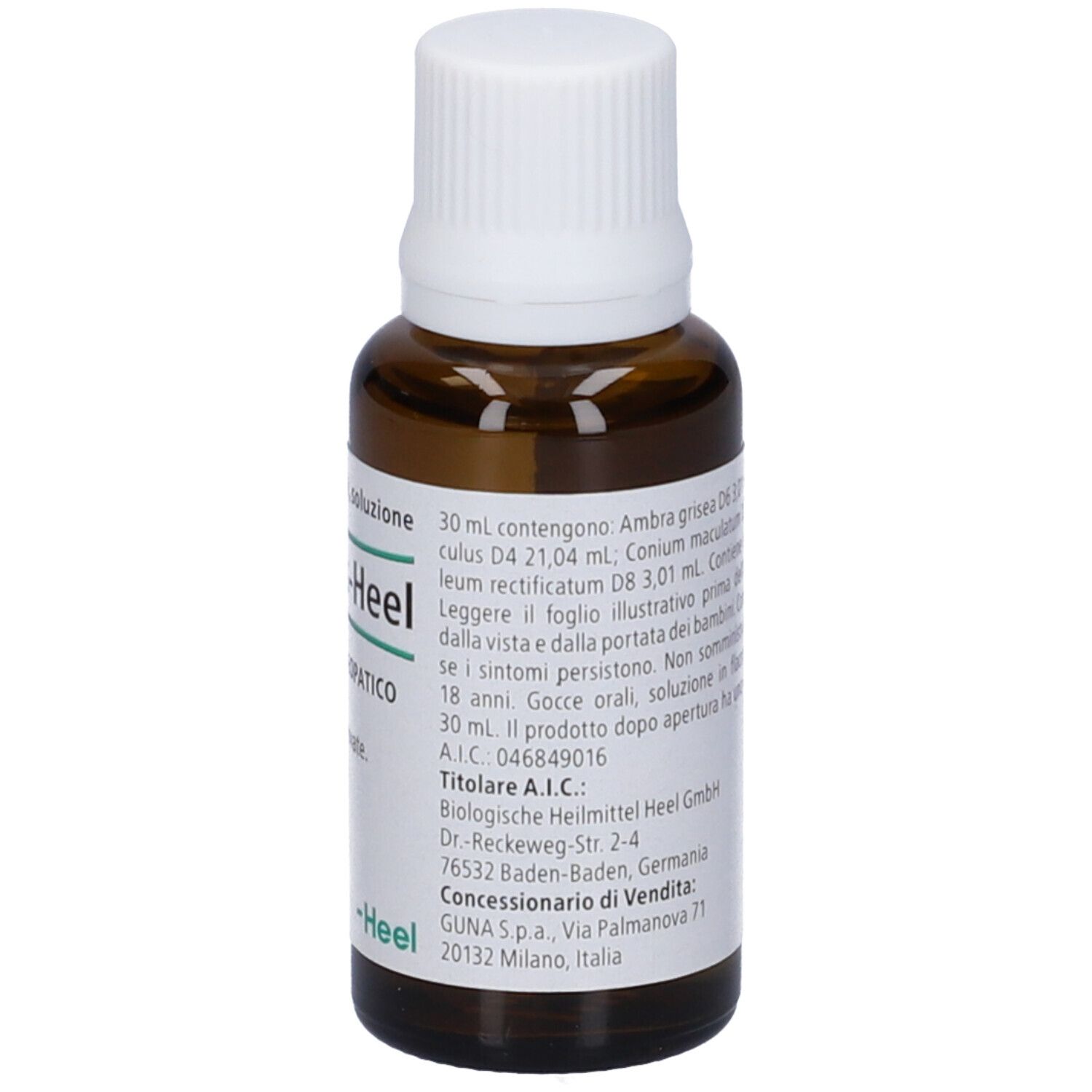 Flacone in vetro marrone con tappo bianco. Scritta: Cocculus-Heel, 30 ml.
