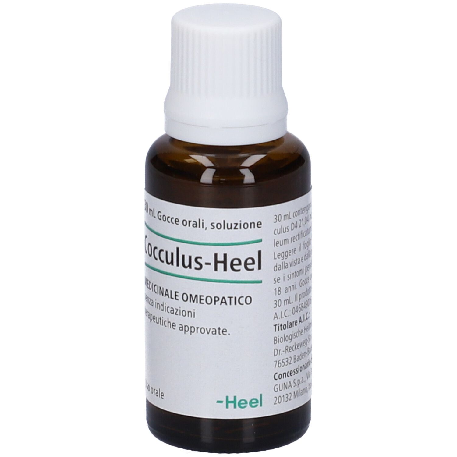 Flacone in vetro marrone con tappo bianco. Scritta: Cocculus-Heel, 30 ml.
