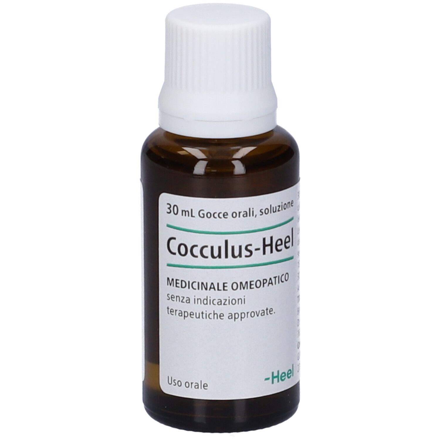 Flacone in vetro marrone con tappo bianco. Scritta: Cocculus-Heel, 30 ml.