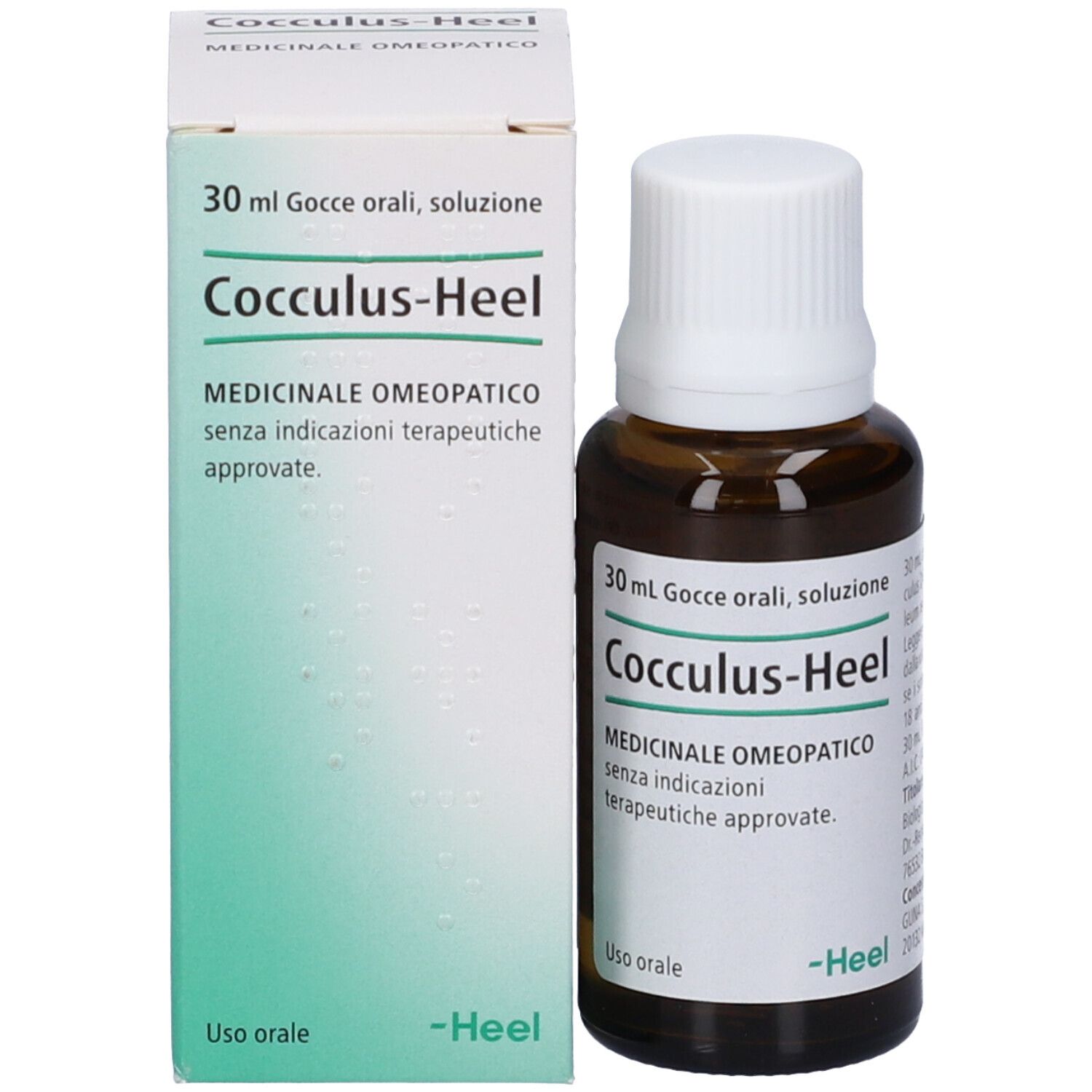 Flacone e scatola in vetro marrone. Scritta: Cocculus-Heel, 30 ml, Medicinale.