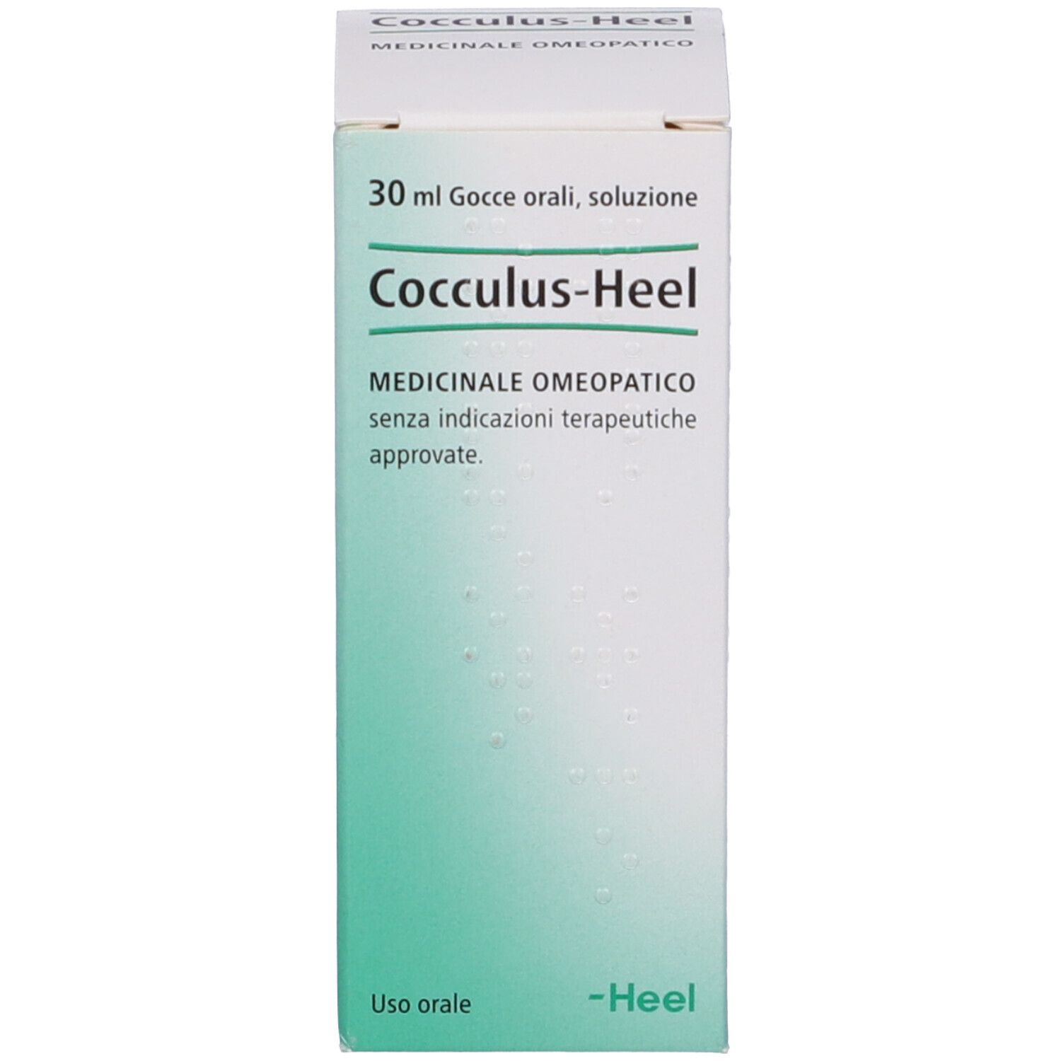 Scatola verde. Scritta: Cocculus-Heel, Medicinale.