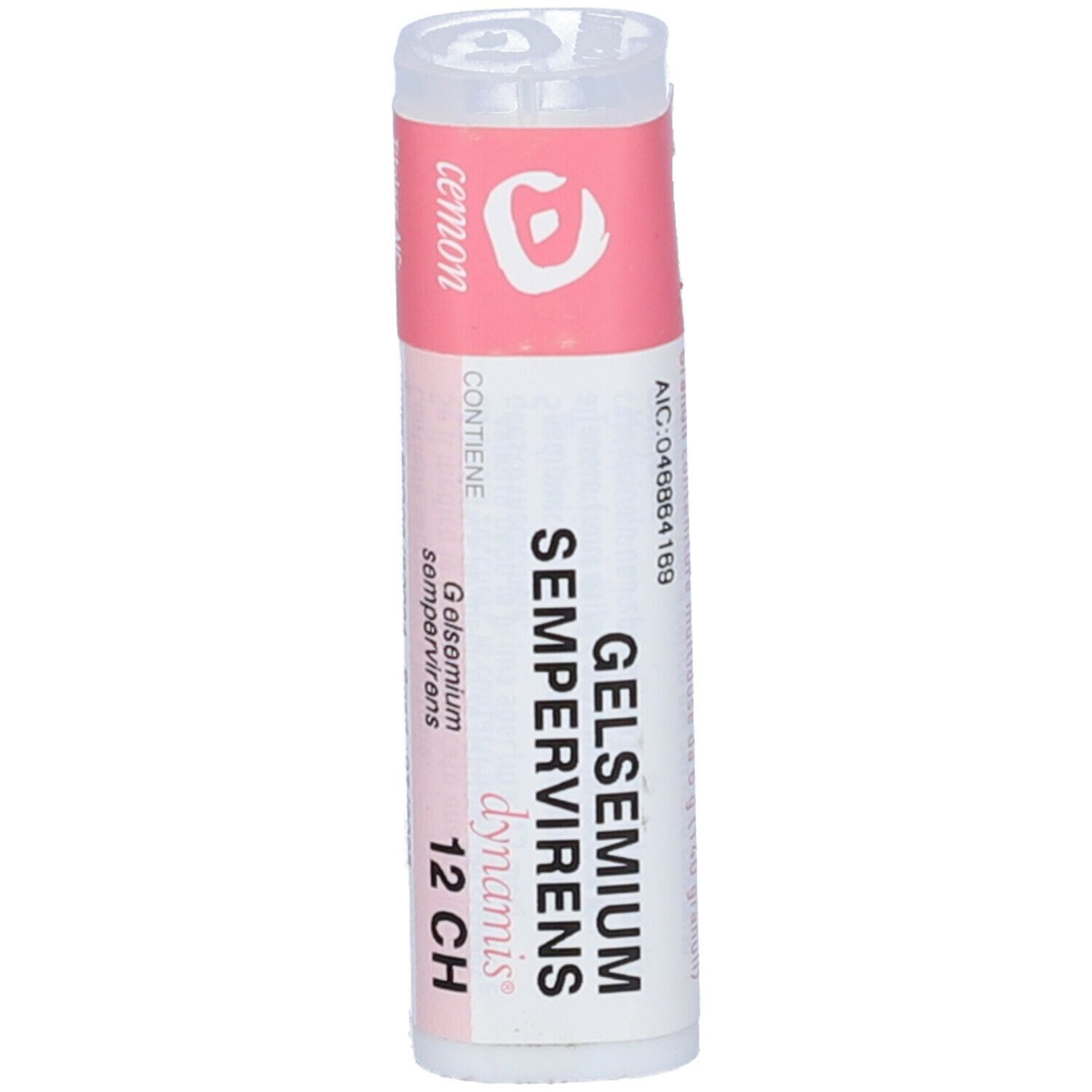Flacone bianco con etichetta rosa. Si legge "Gelsemium Sempervirens 12 CH" e "dynamis".