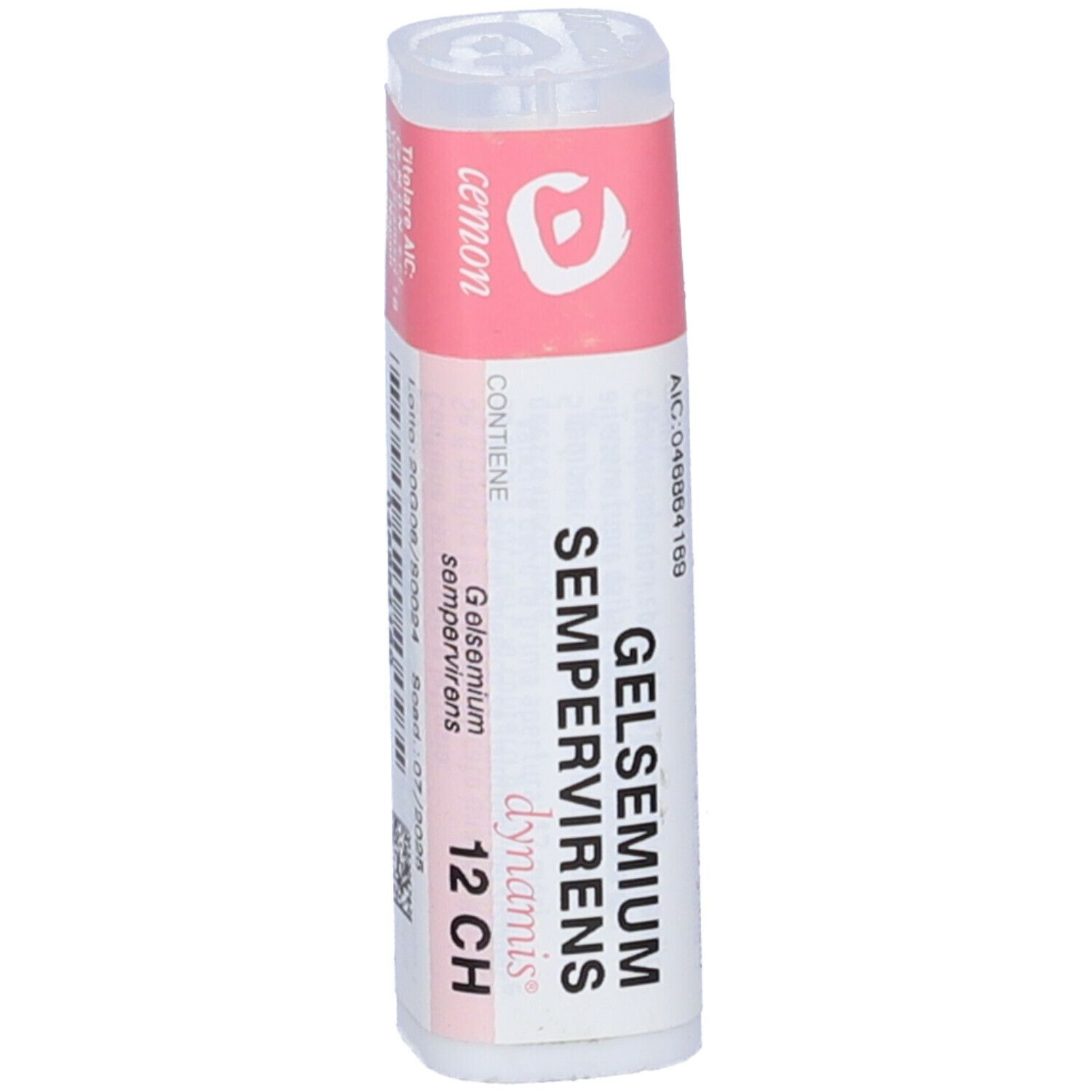 Flacone bianco con etichetta rosa. Si legge "Gelsemium Sempervirens 12 CH" e "dynamis".