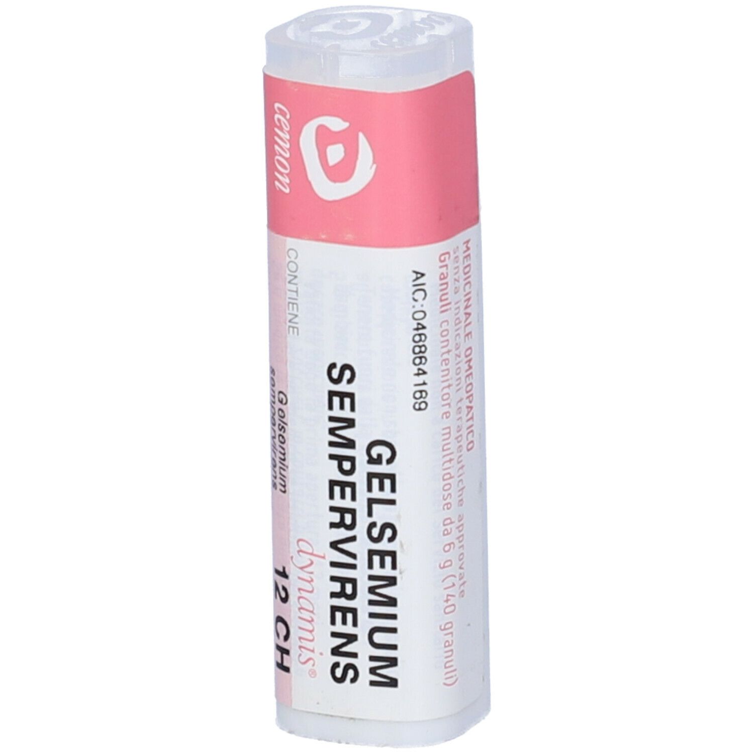 Flacone bianco con etichetta rosa. Si legge "Gelsemium Sempervirens 12 CH" e "dynamis".